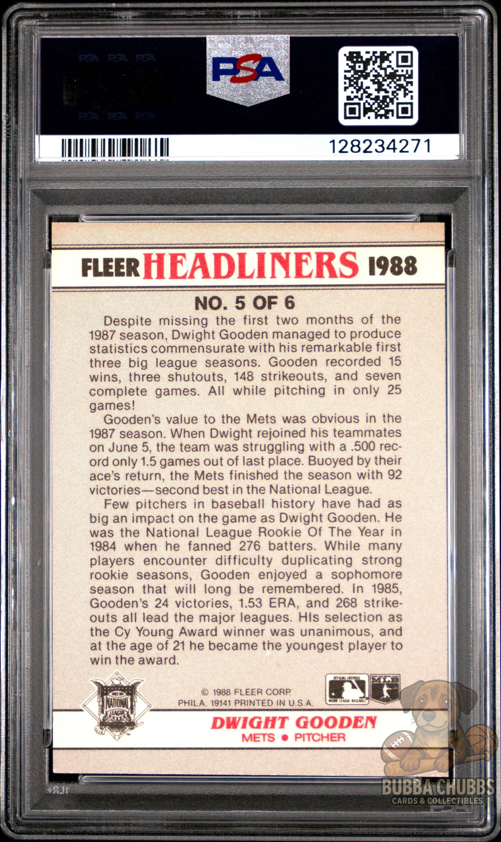 PSA Graded baseball trading card featuring Dwight Gooden Fleer Headliners insert numbered 5 of 6
