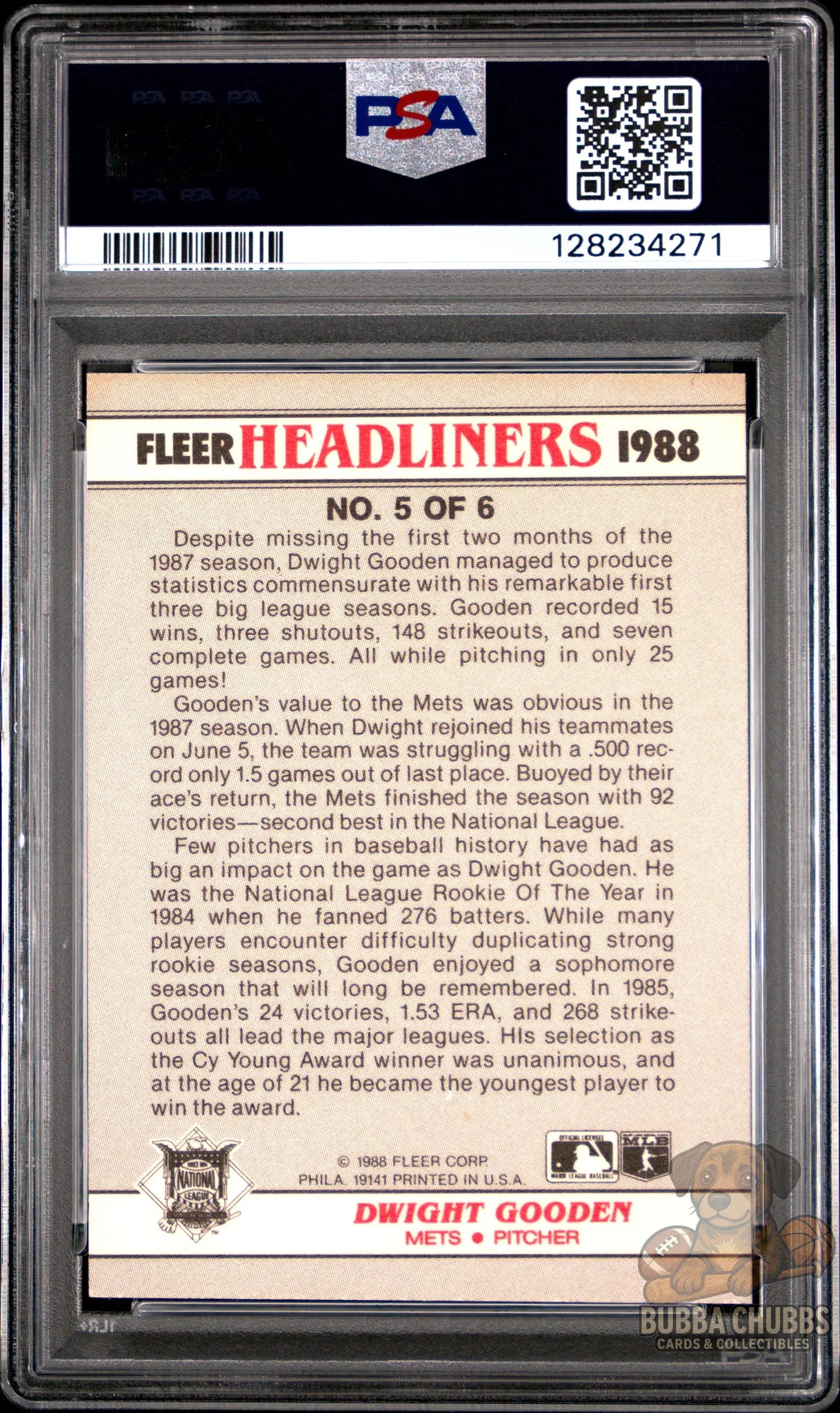 PSA Graded baseball trading card featuring Dwight Gooden Fleer Headliners insert numbered 5 of 6
