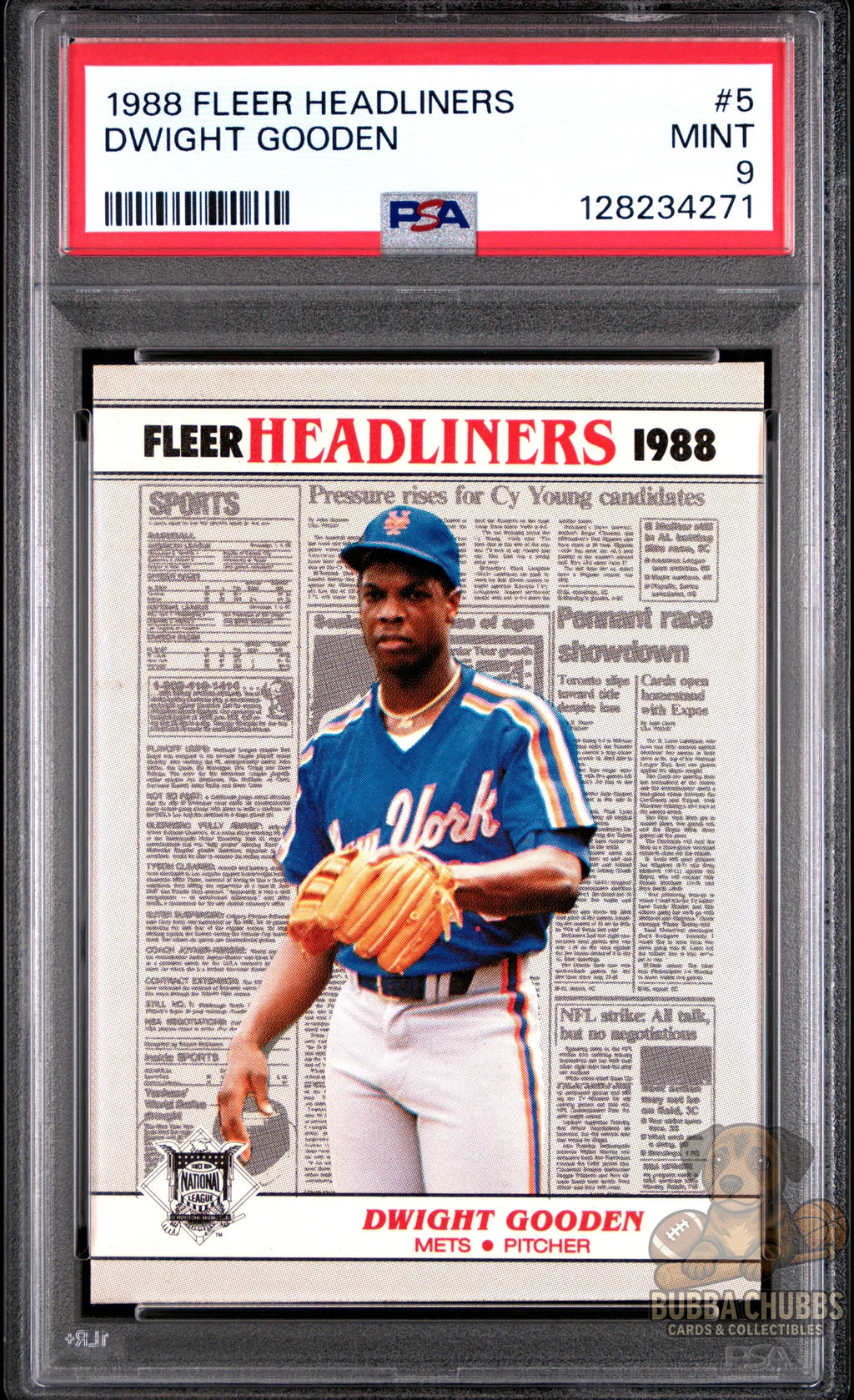 PSA Graded baseball trading card featuring Dwight Gooden Fleer Headliners insert numbered 5 of 6
