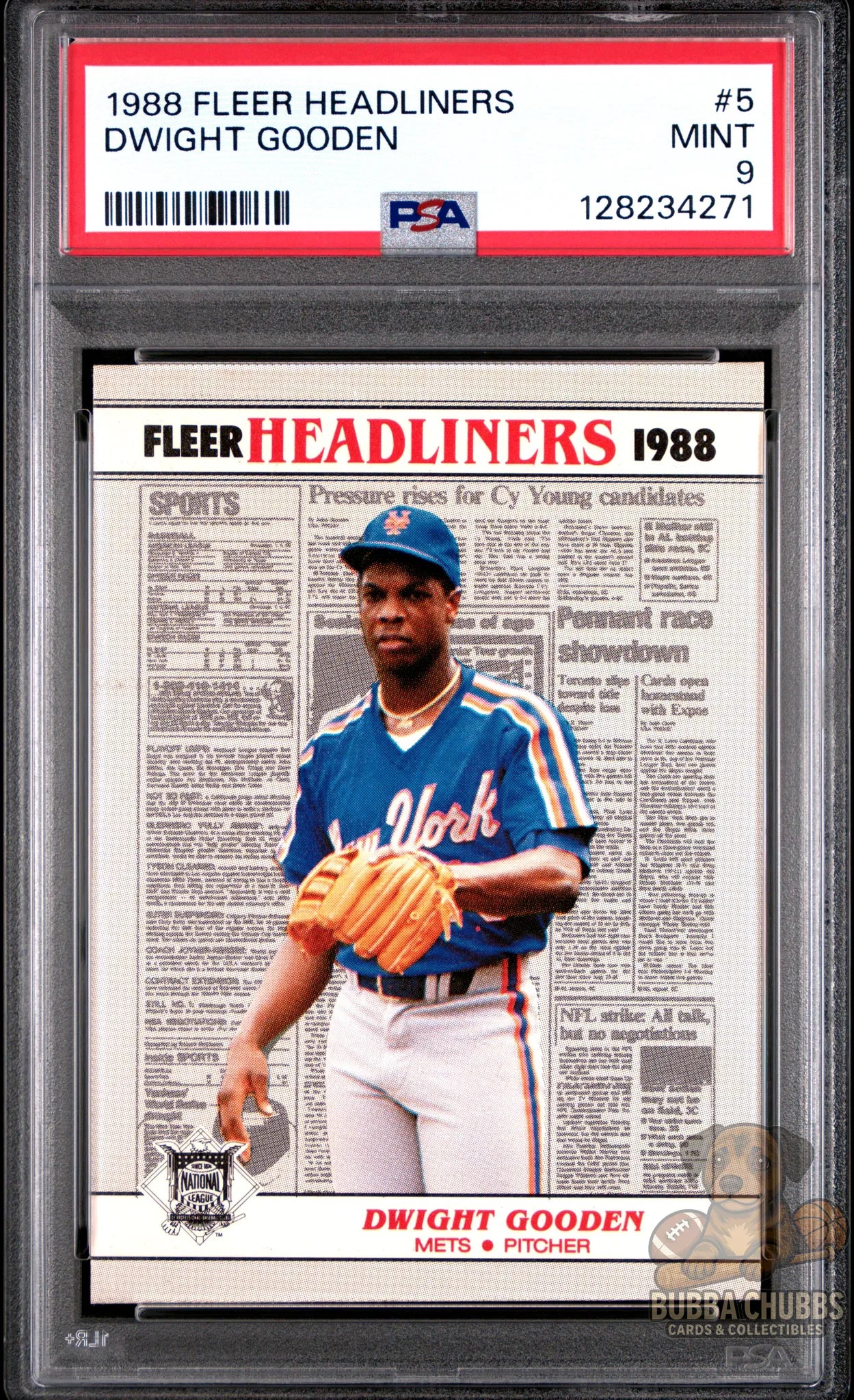 PSA Graded baseball trading card featuring Dwight Gooden Fleer Headliners insert numbered 5 of 6