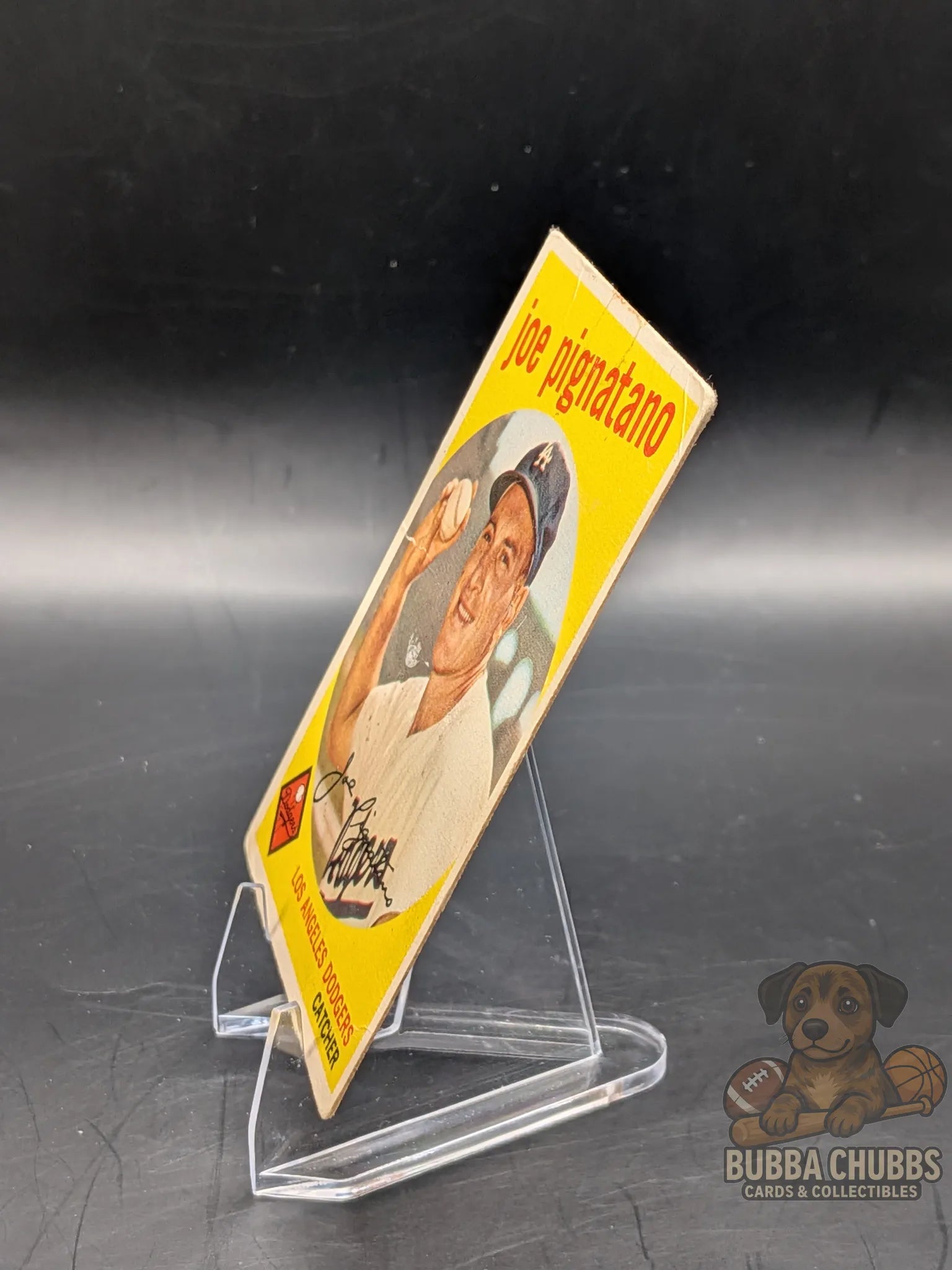 Vintage baseball trading card of Joe Pignatano of the Los Angeles Dodgers topps chewing gum case