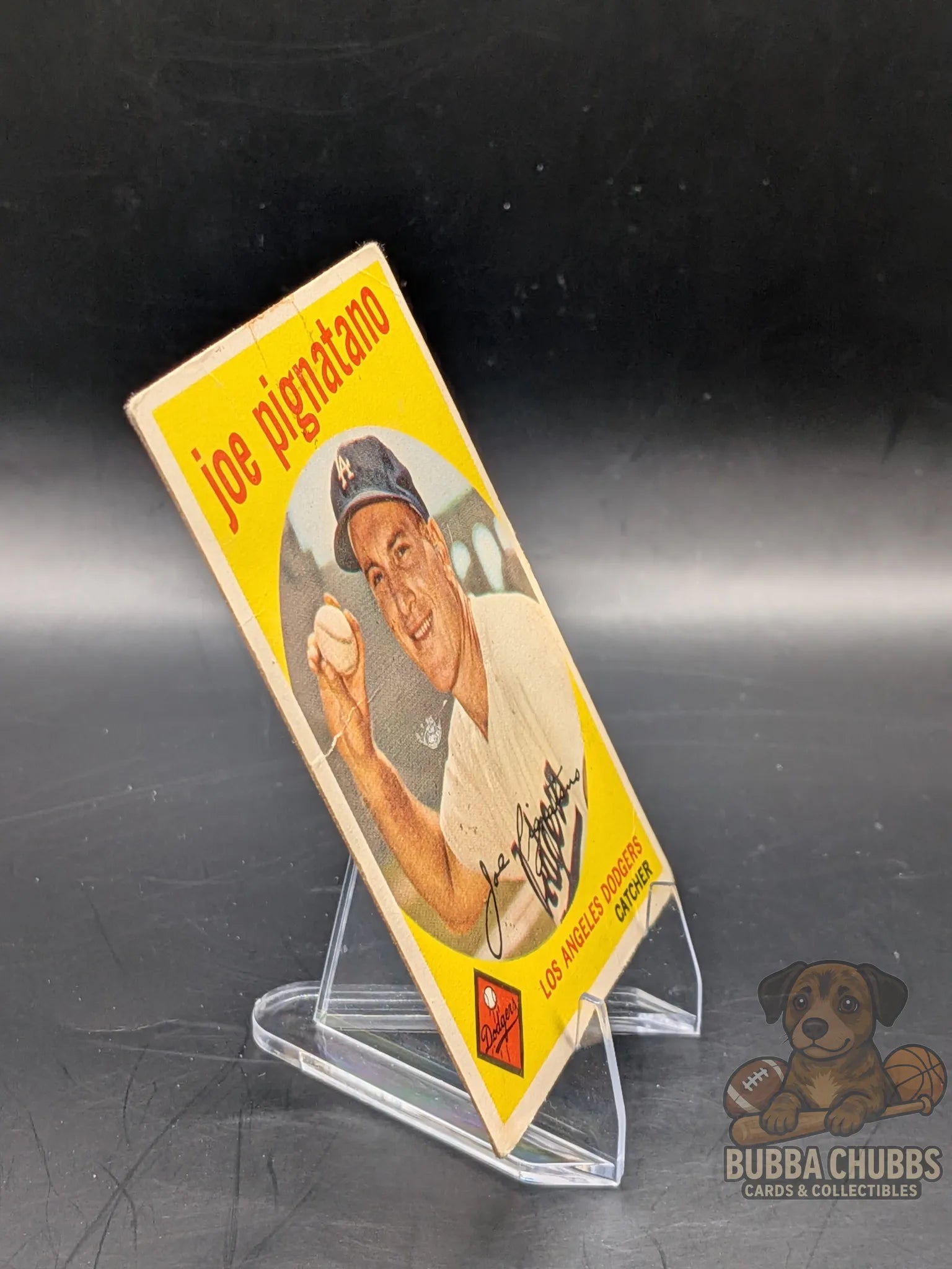 Vintage baseball trading card of Joe Pignatano of the Los Angeles Dodgers topps chewing gum case
