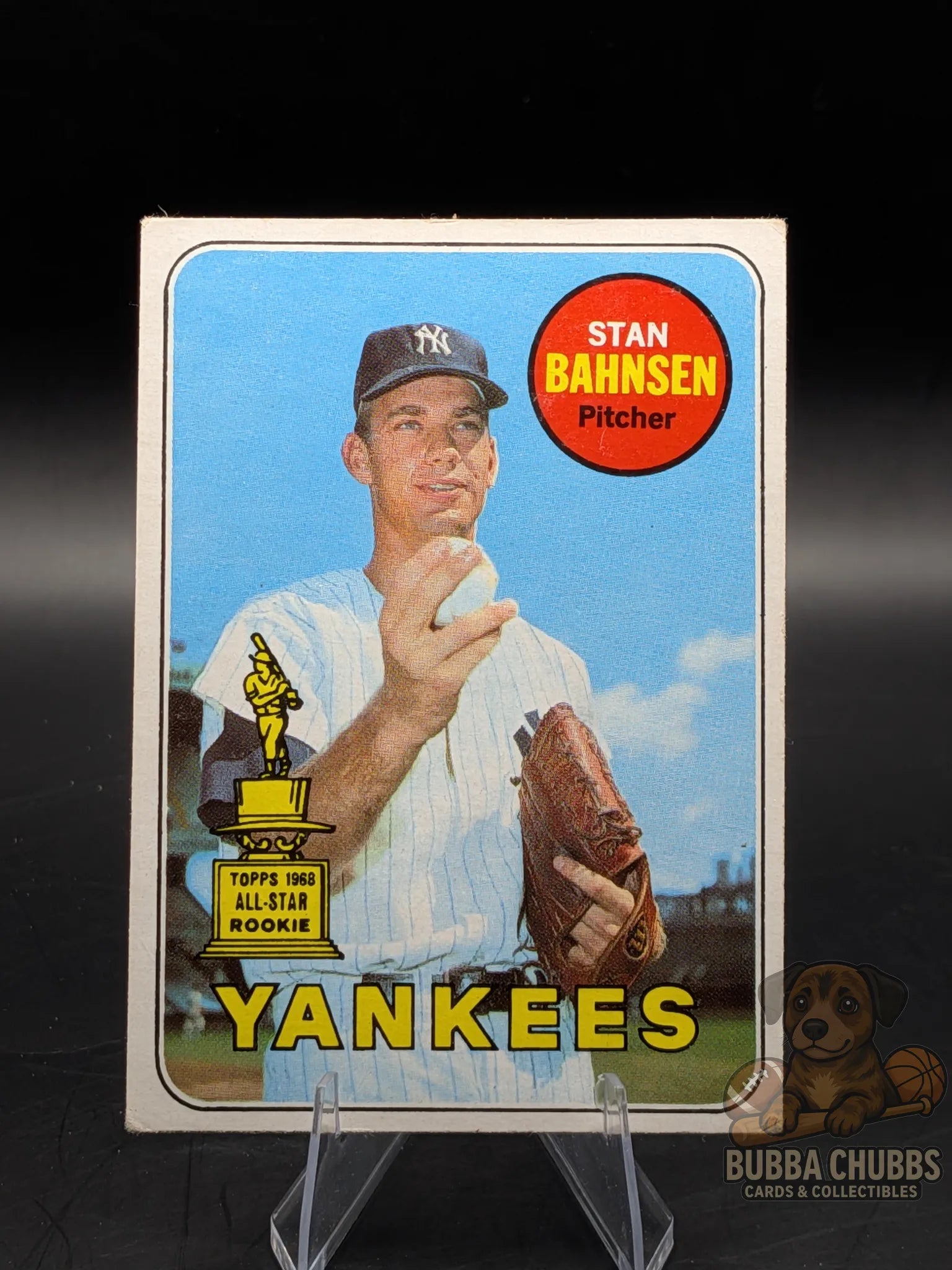 Vintage baseball trading card of Stan Bahnsen of the New York Yankees topps chewing gum base all-star rookie