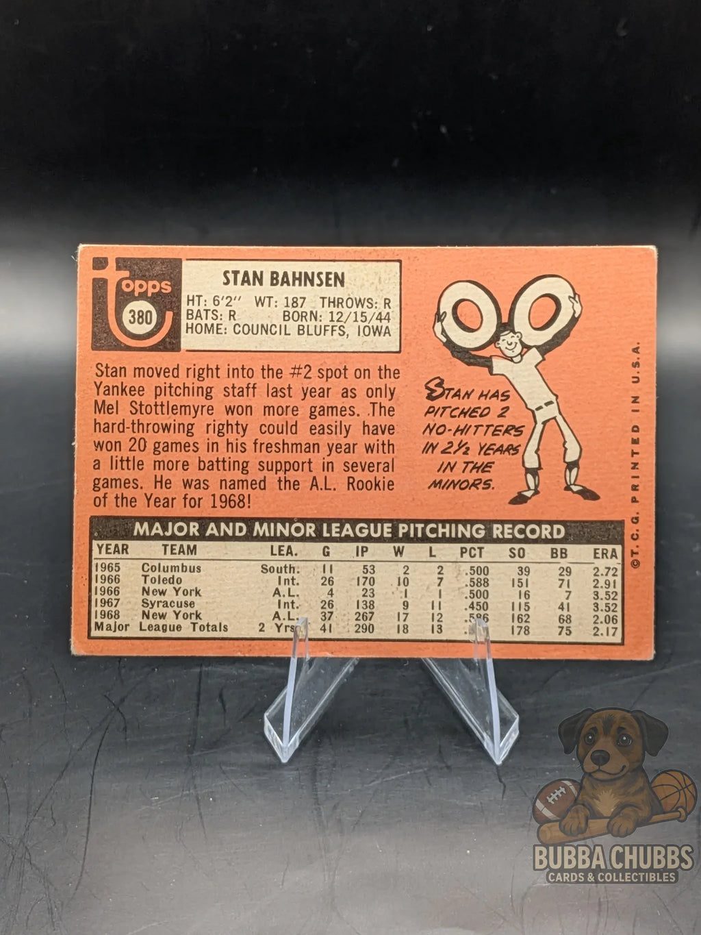 Vintage baseball trading card of Stan Bahnsen of the New York Yankees topps chewing gum base all-star rookie
