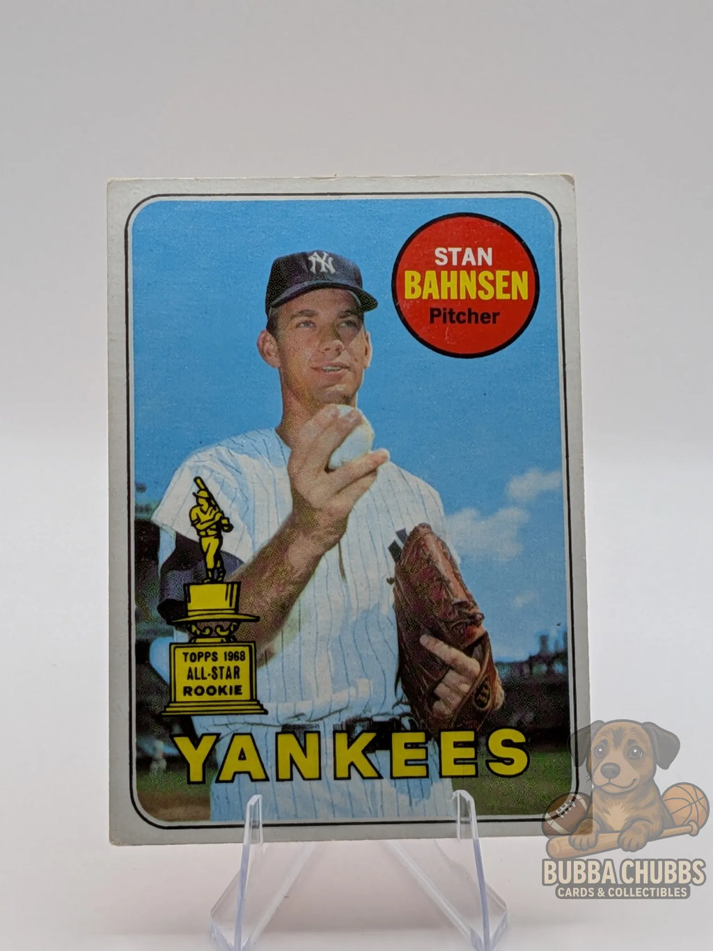 Vintage baseball trading card of Stan Bahnsen of the New York Yankees topps chewing gum base all-star rookie
