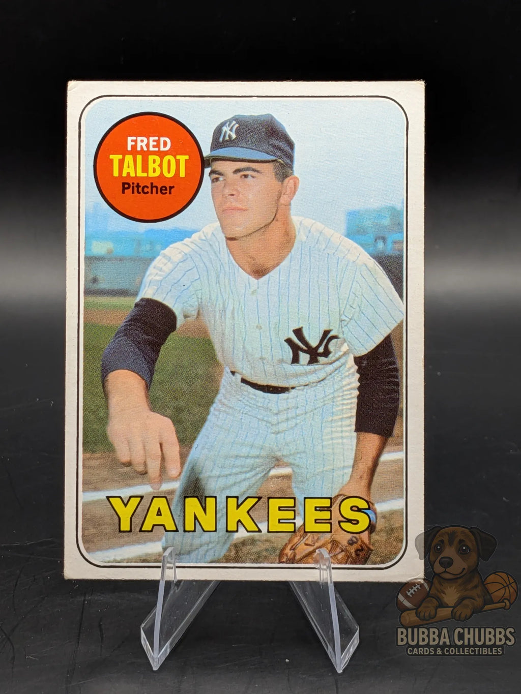 vintage Baseball trading card of Fred Talbot with the New York Yankees topps chewing gum base
