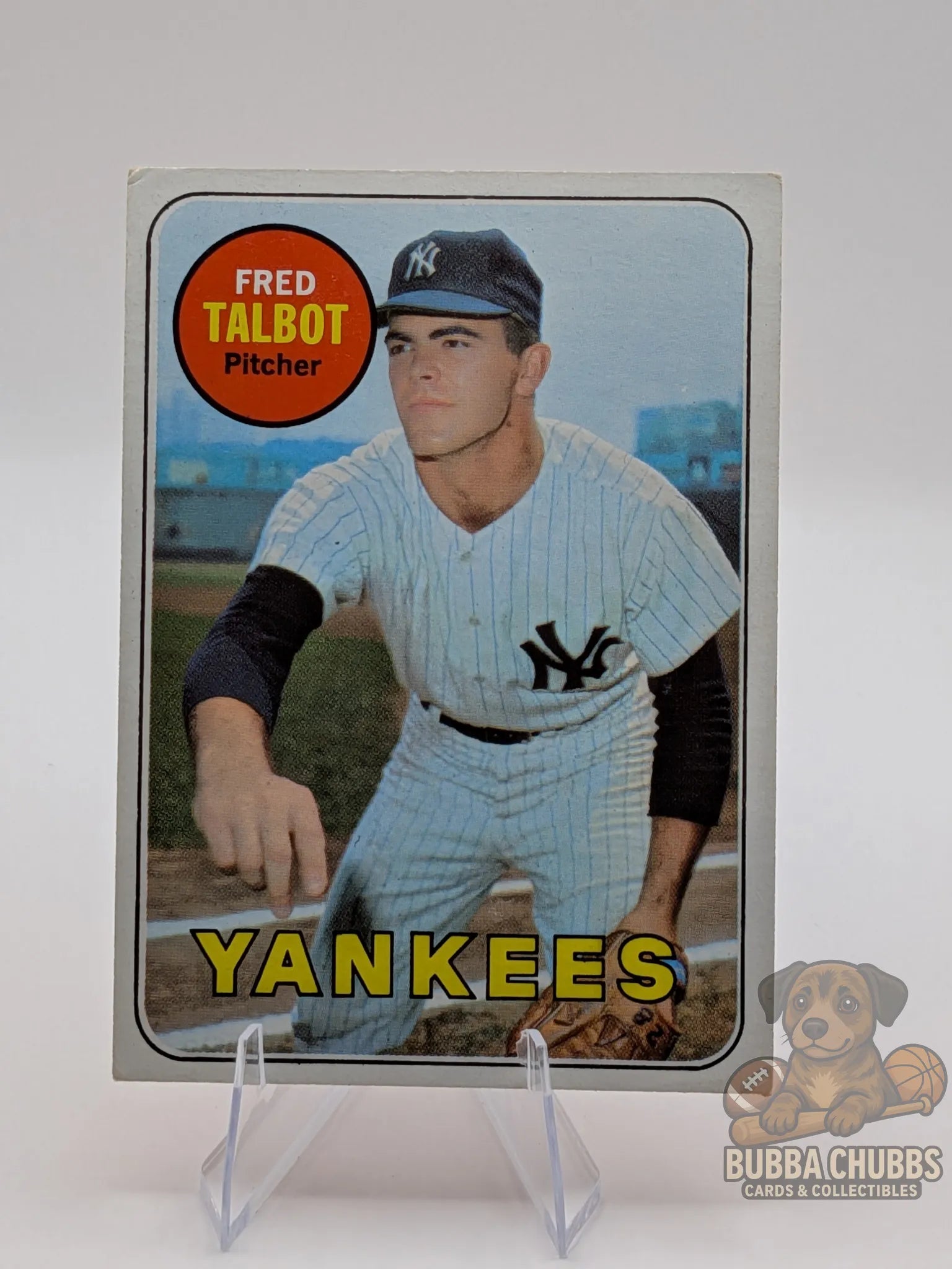 vintage Baseball trading card of Fred Talbot with the New York Yankees topps chewing gum base
