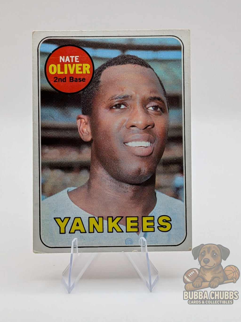 vintage Baseball trading card of Nate Oliver with the New York Yankees topps chewing gum base