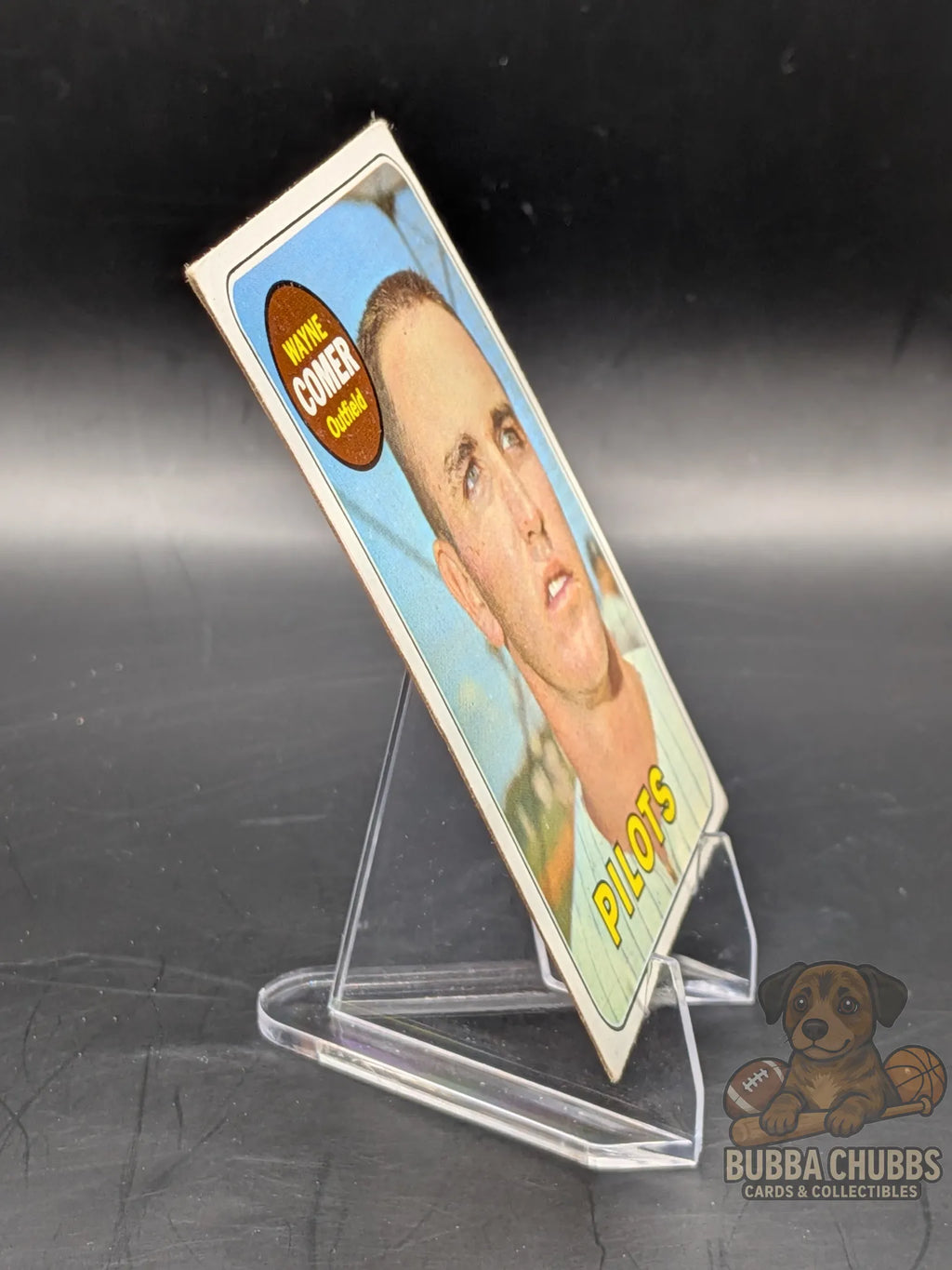 vintage baseball trading card of Wayne Comer with the Seattle Pilots topps chewing gum base