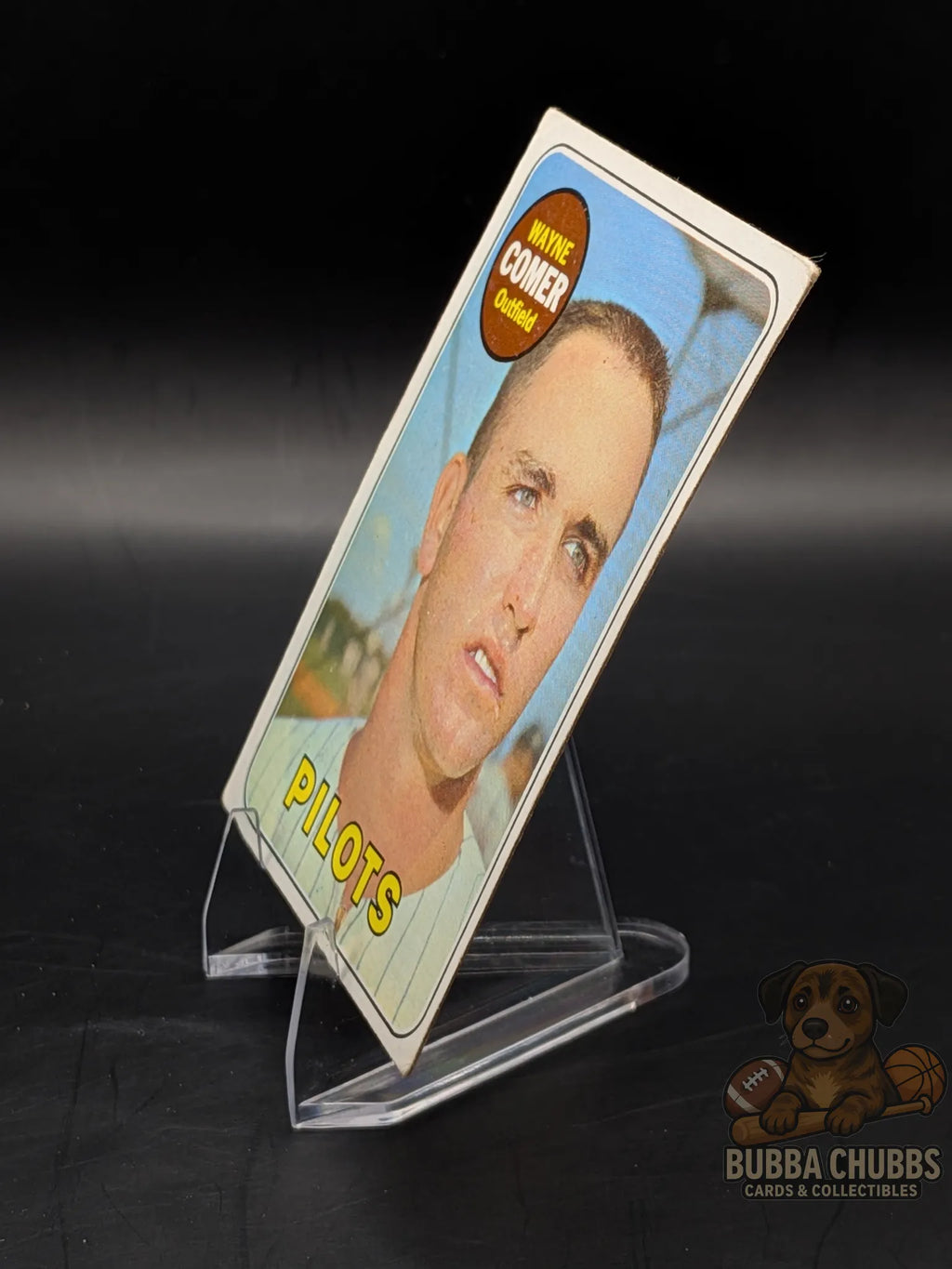 vintage baseball trading card of Wayne Comer with the Seattle Pilots topps chewing gum base