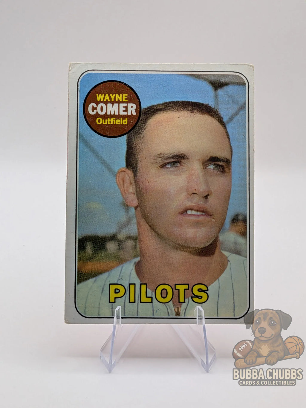vintage baseball trading card of Wayne Comer with the Seattle Pilots topps chewing gum base