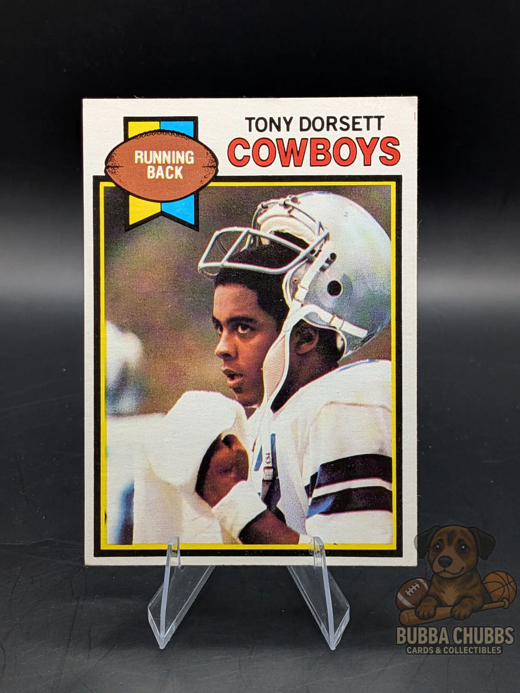Vintage football trading card of Tony Dorsett with the  Dallas Cowboys topps chewing gum 