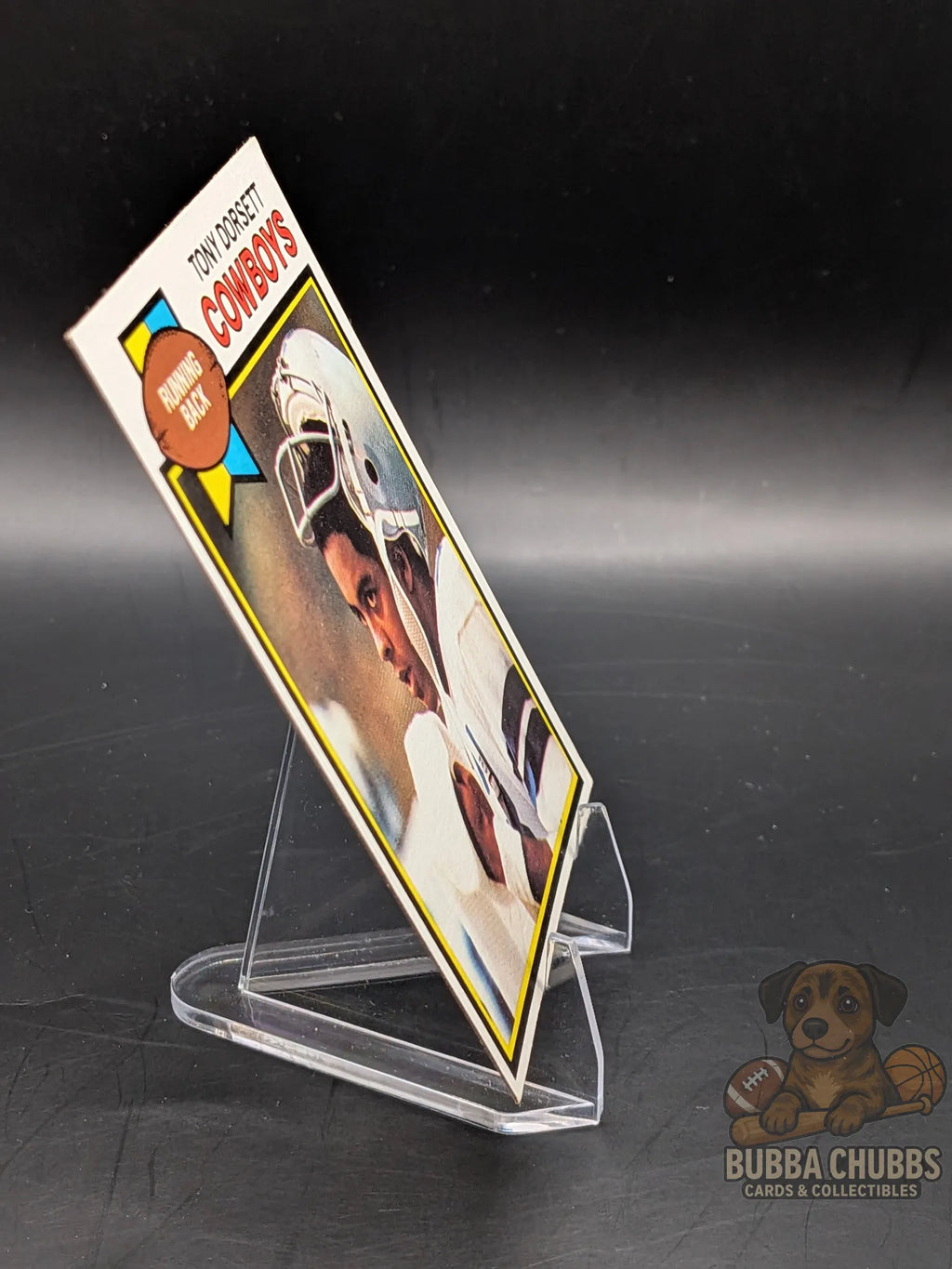 Vintage football trading card of Tony Dorsett with the  Dallas Cowboys topps chewing gum 