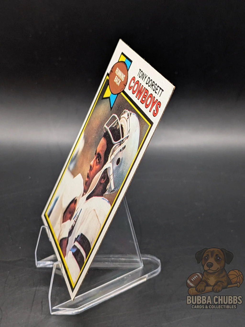 Vintage football trading card of Tony Dorsett with the  Dallas Cowboys topps chewing gum 