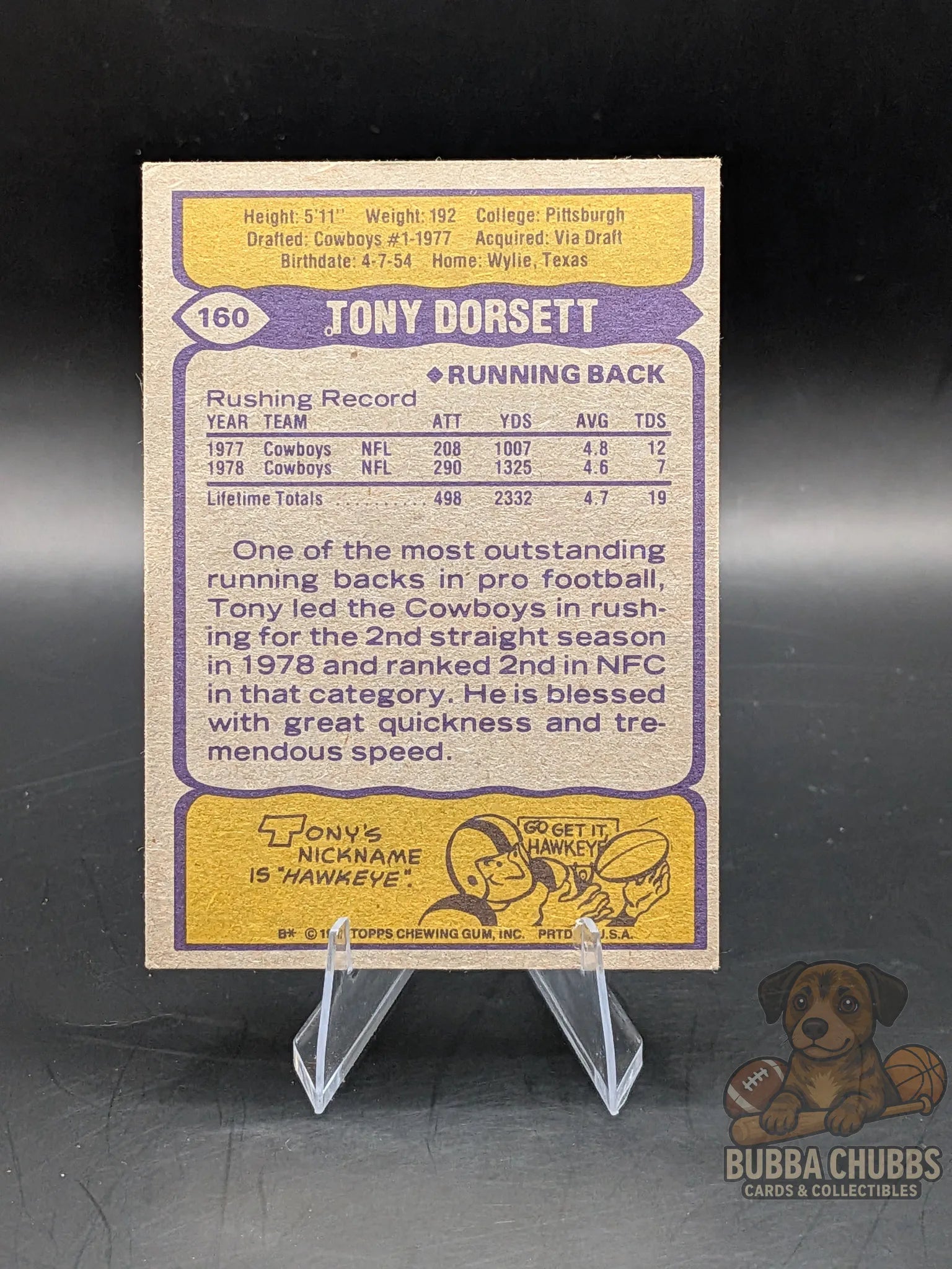 Vintage football trading card of Tony Dorsett with the  Dallas Cowboys topps chewing gum 