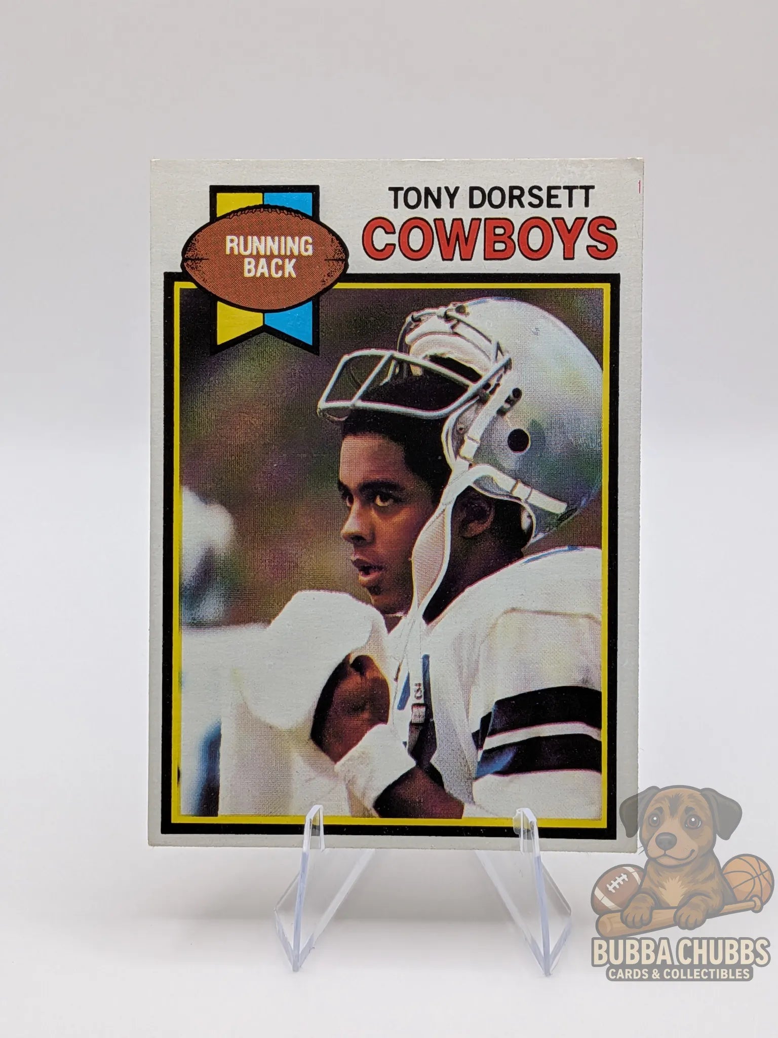 Vintage football trading card of Tony Dorsett with the  Dallas Cowboys topps chewing gum 