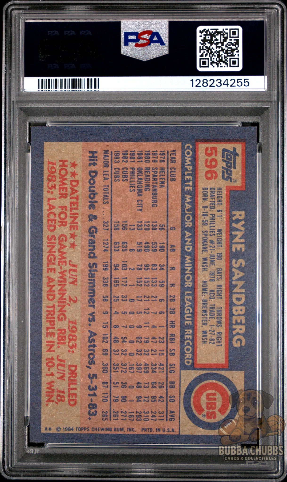 Graded Baseball trading card of Ryne Sandberg PSA 8 Topps