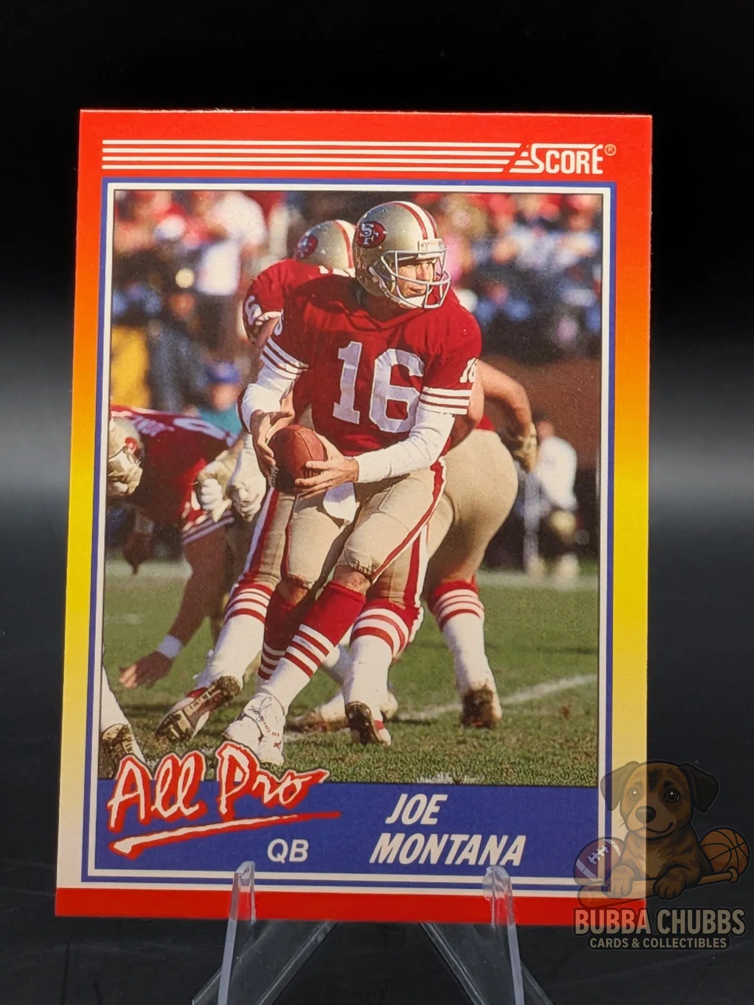 Vintage football trading card featuring Joe Montana of the San Francisco 49ers score all pro