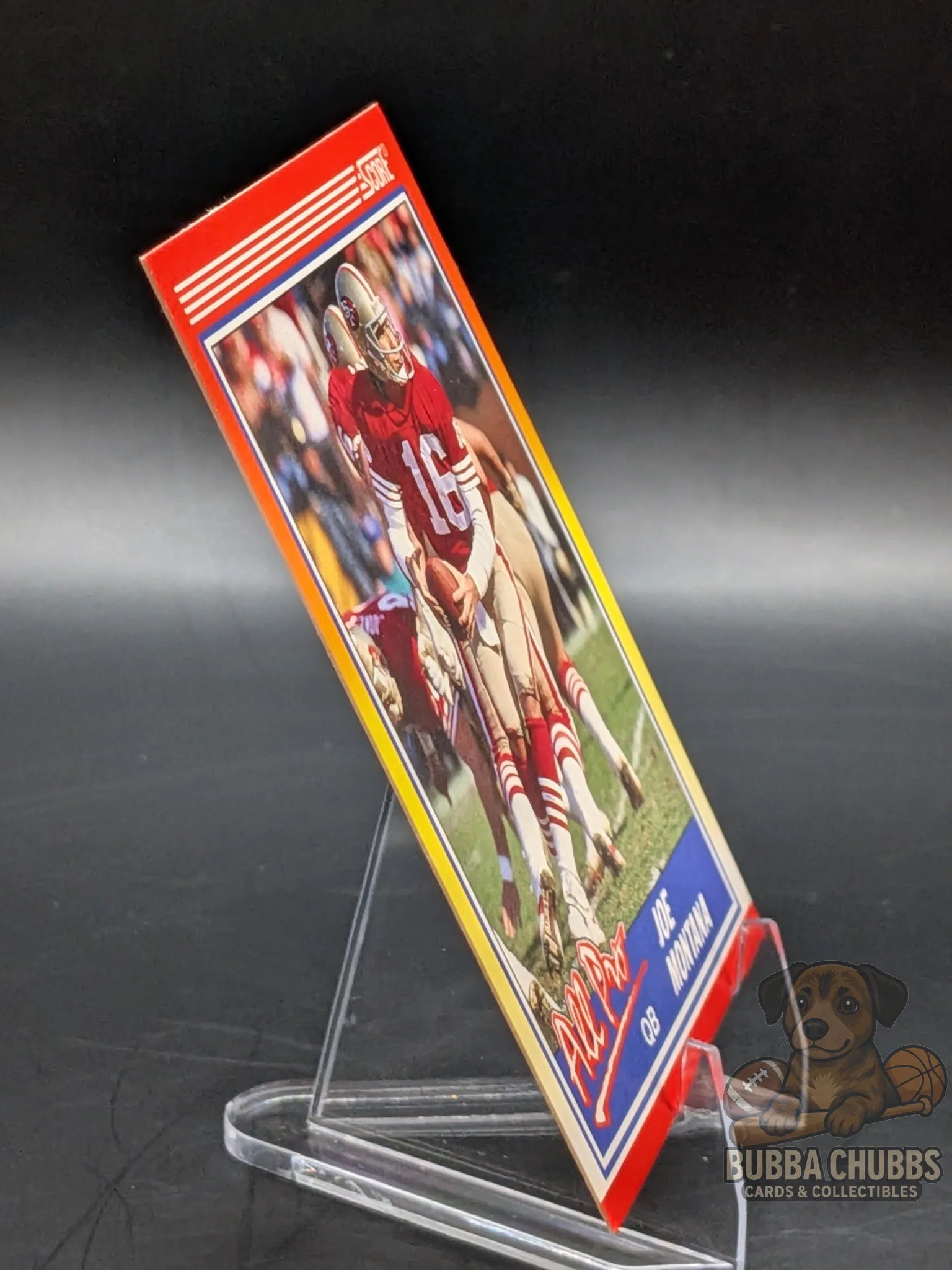 Vintage football trading card featuring Joe Montana of the San Francisco 49ers score all pro