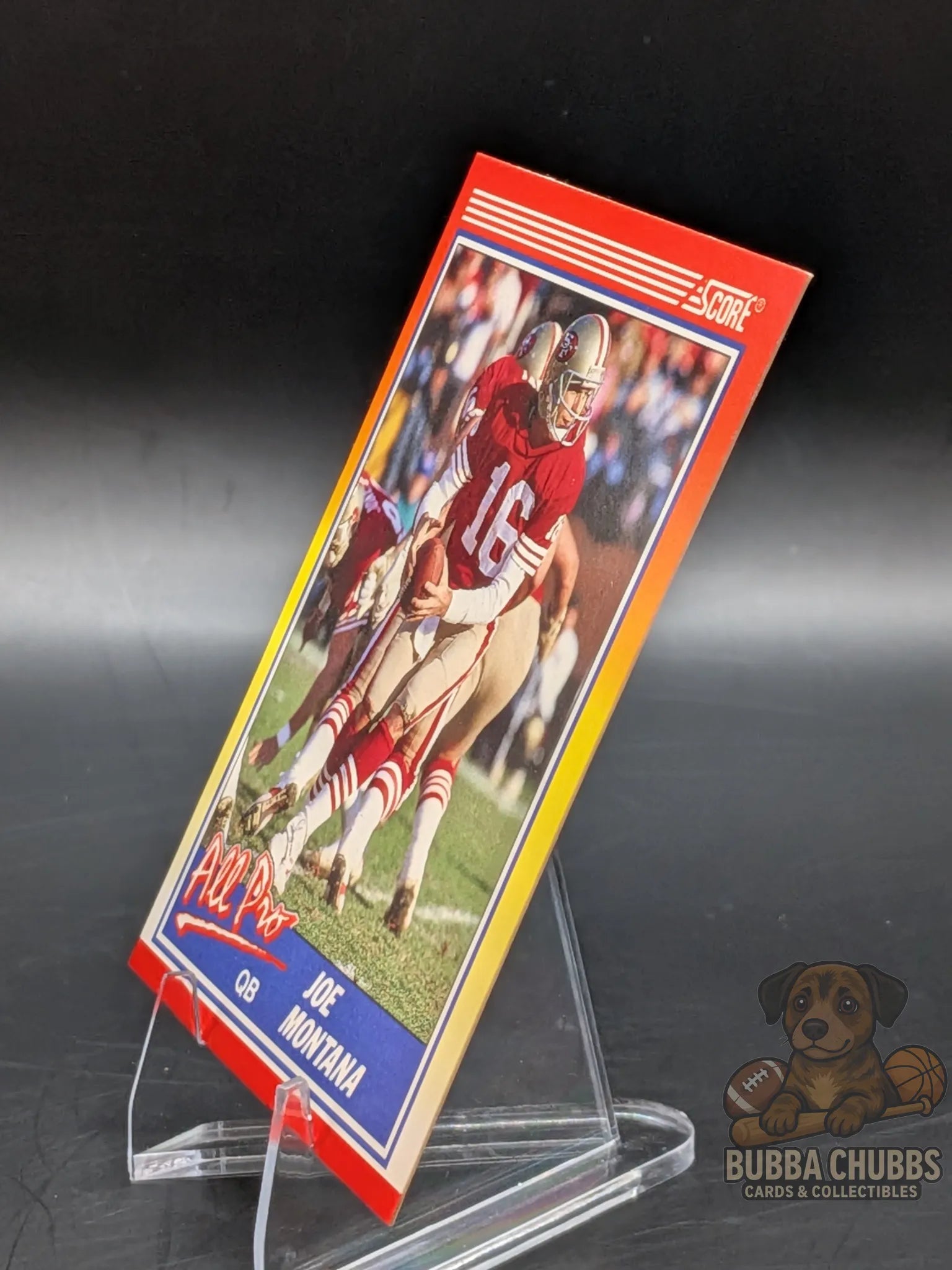 Vintage football trading card featuring Joe Montana of the San Francisco 49ers score all pro