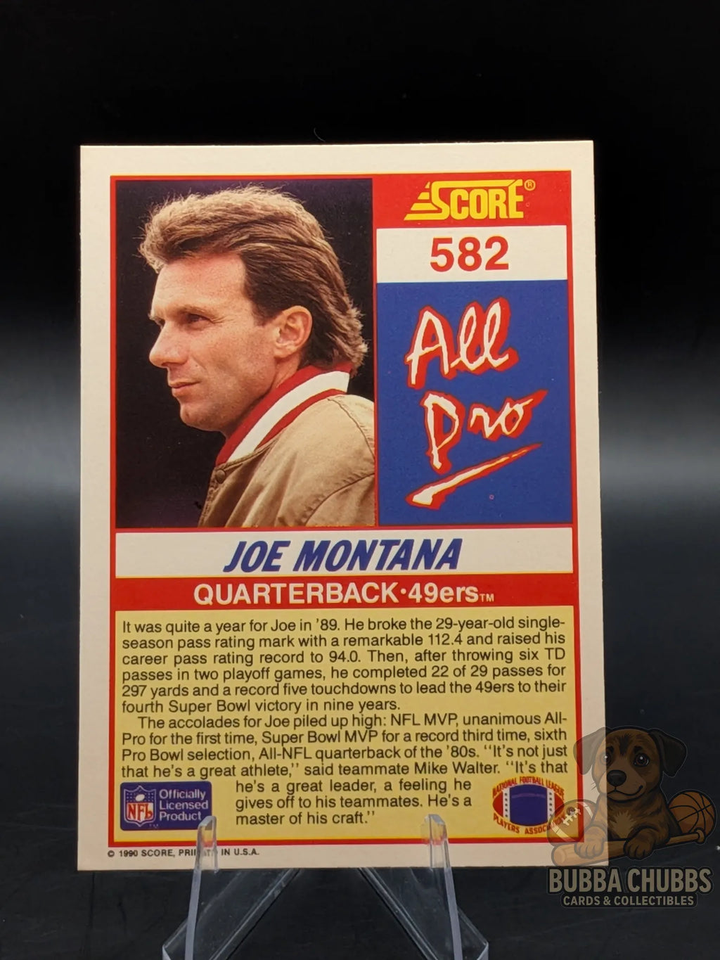 Vintage football trading card featuring Joe Montana of the San Francisco 49ers score all pro