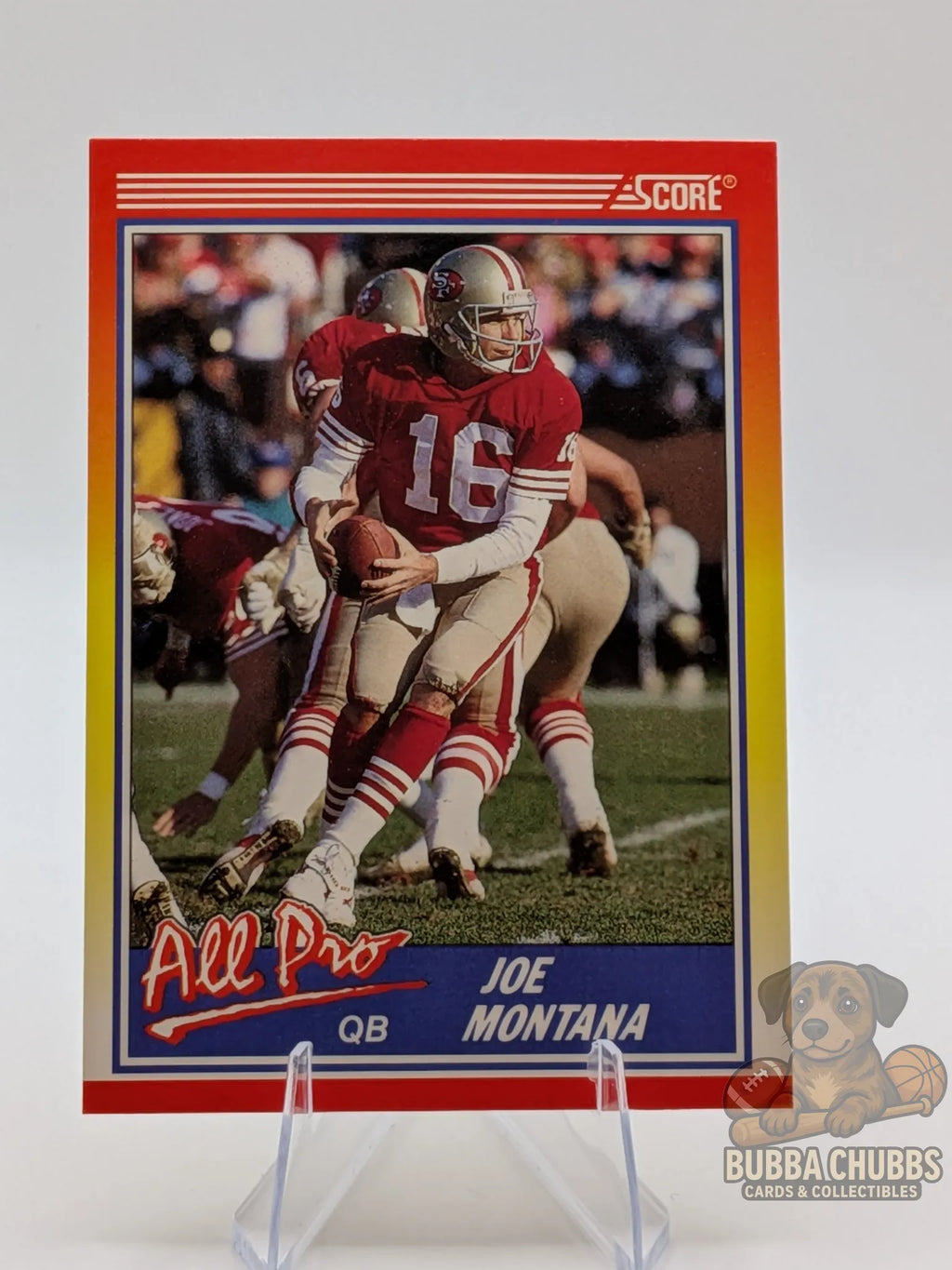 Vintage football trading card featuring Joe Montana of the San Francisco 49ers score all pro