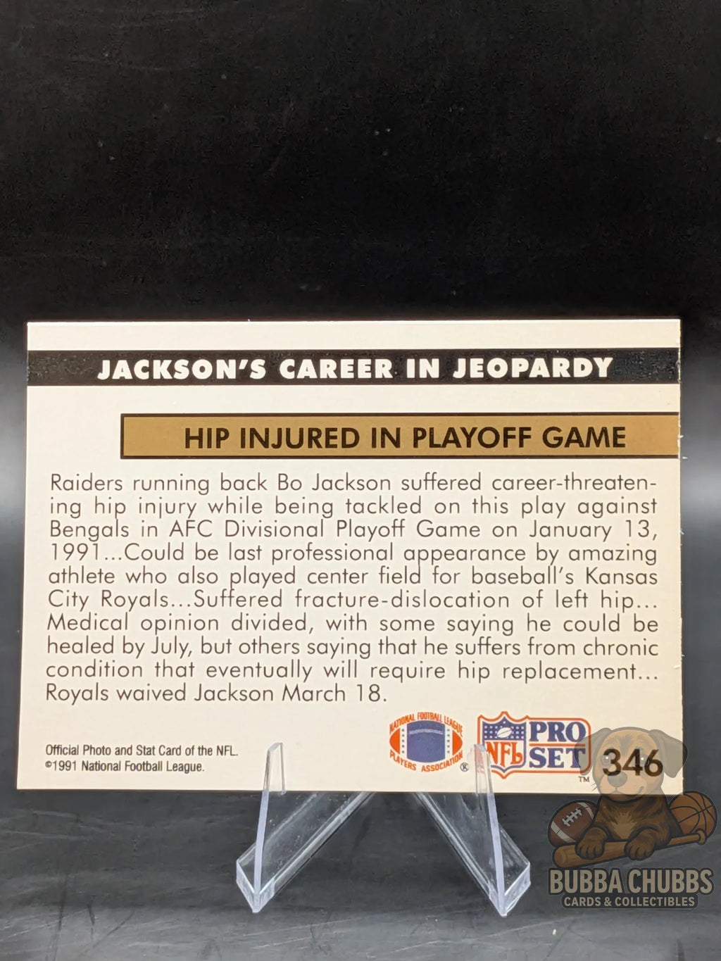 Vintage Football trading card featuring Bo Jackson at the 1991 AFC Divisional Playoff game with other players and officials in the background nfl pro set