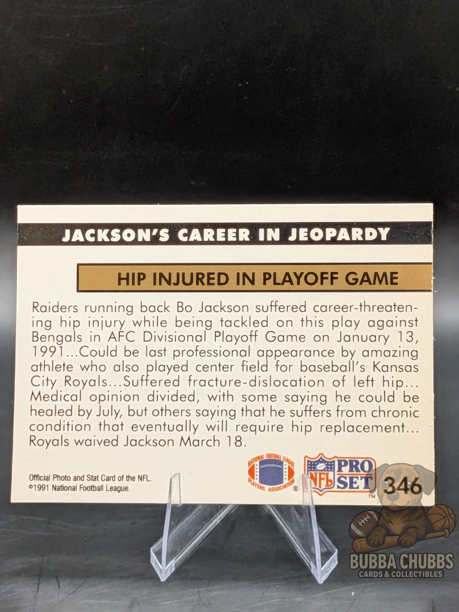 Vintage Football trading card featuring Bo Jackson at the 1991 AFC Divisional Playoff game with other players and officials in the background nfl pro set