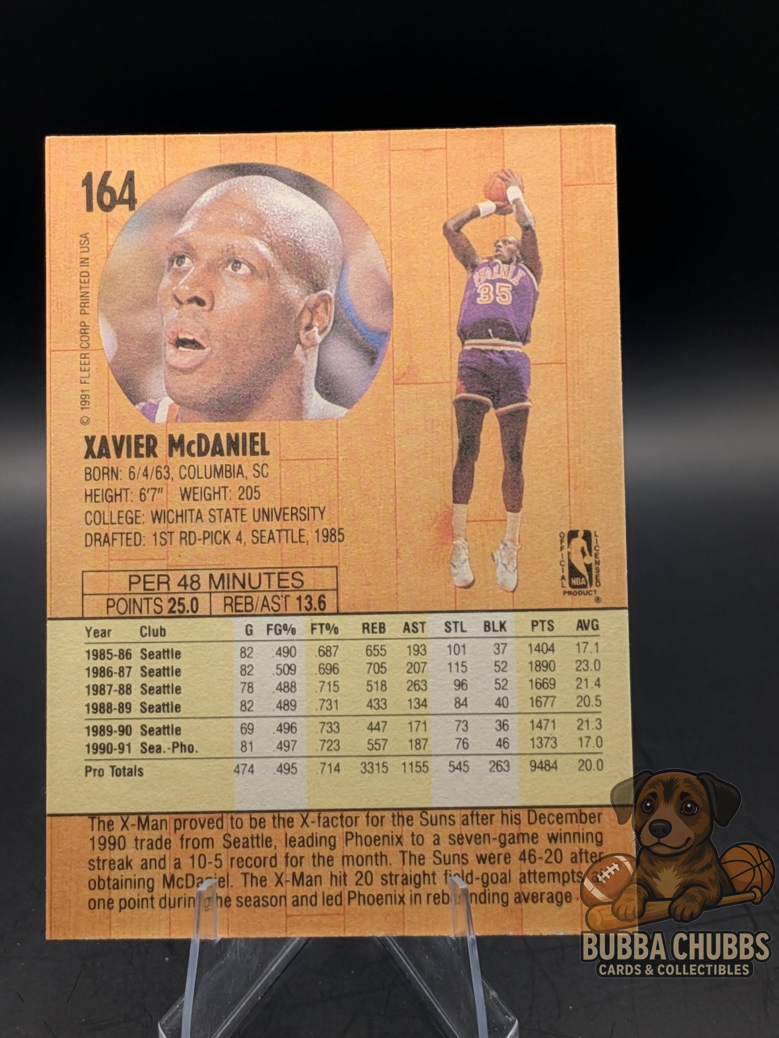 Basketball trading card of Xavier McDaniel of the Phoenix Suns fleer base 90's era