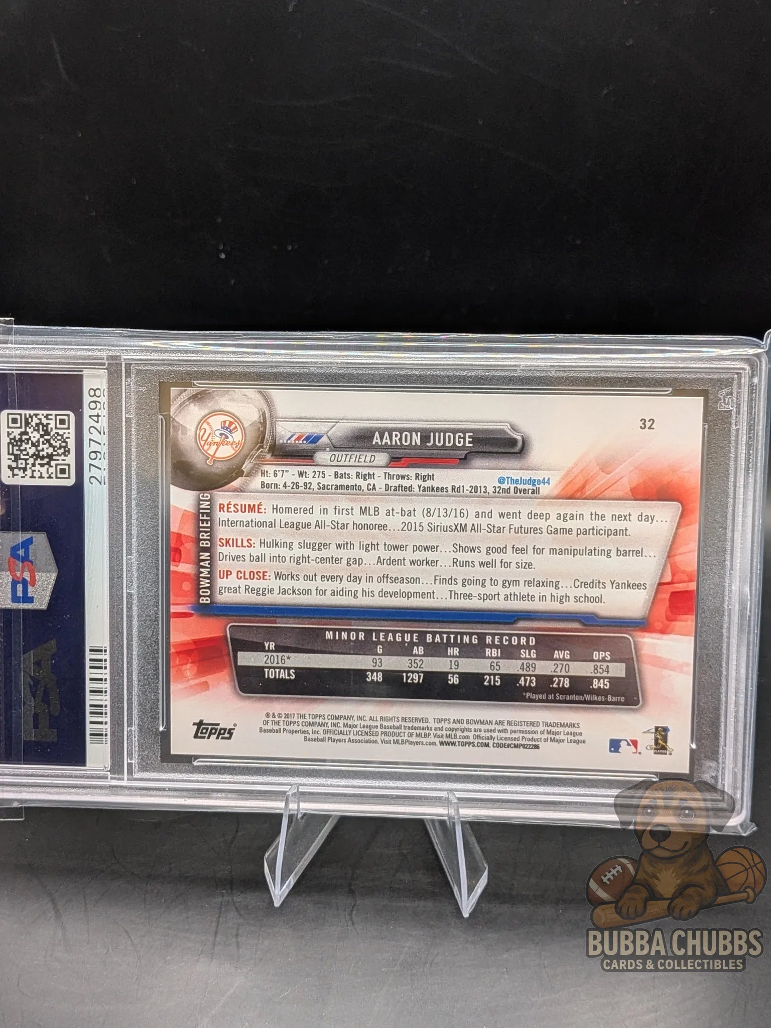 Baseball trading card of Aaron Judge bowman rookie psa 10