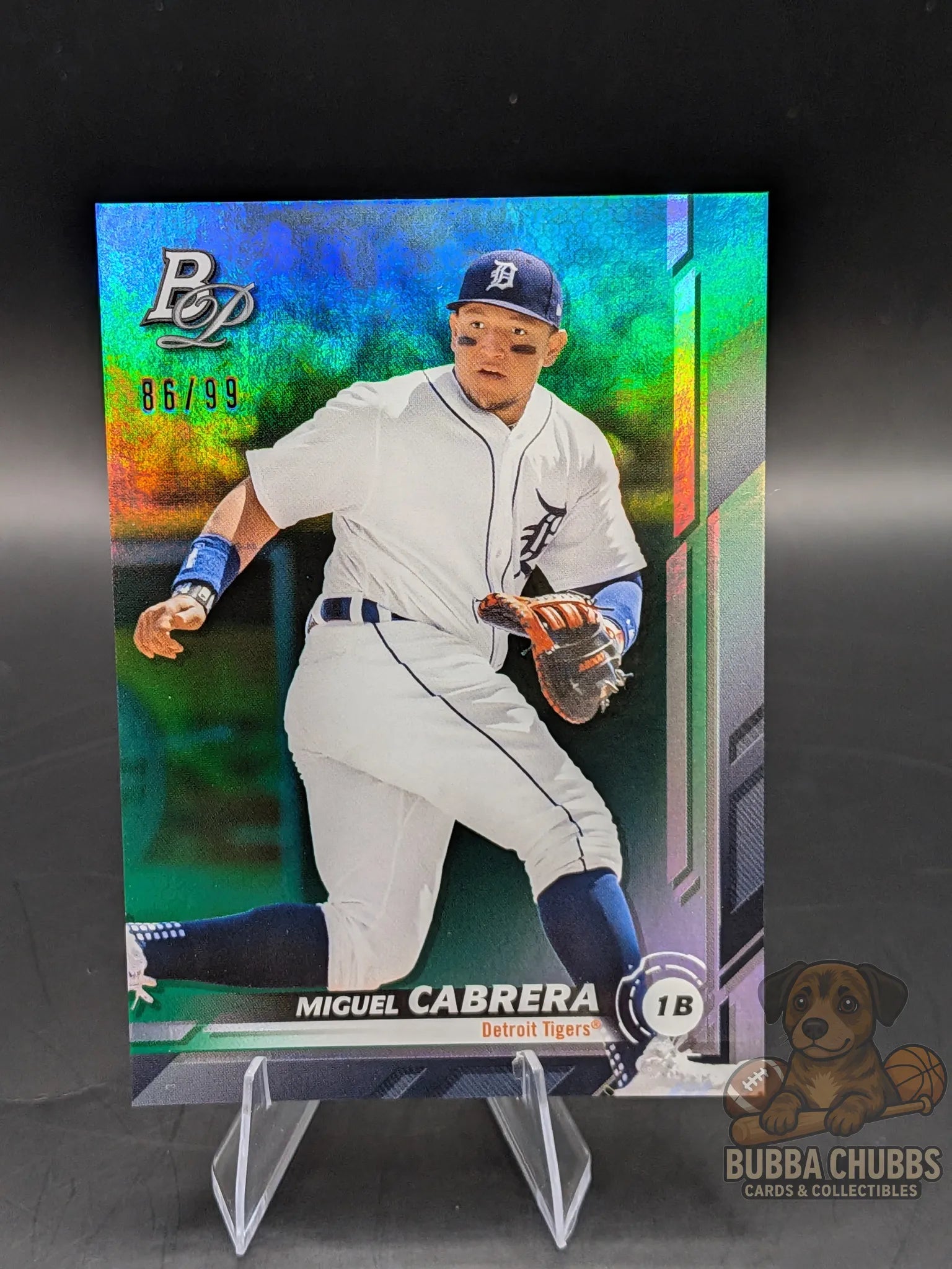 Baseball trading card of Miguel Cabrera bowman platinum holographic parallel numbered 86 of 99