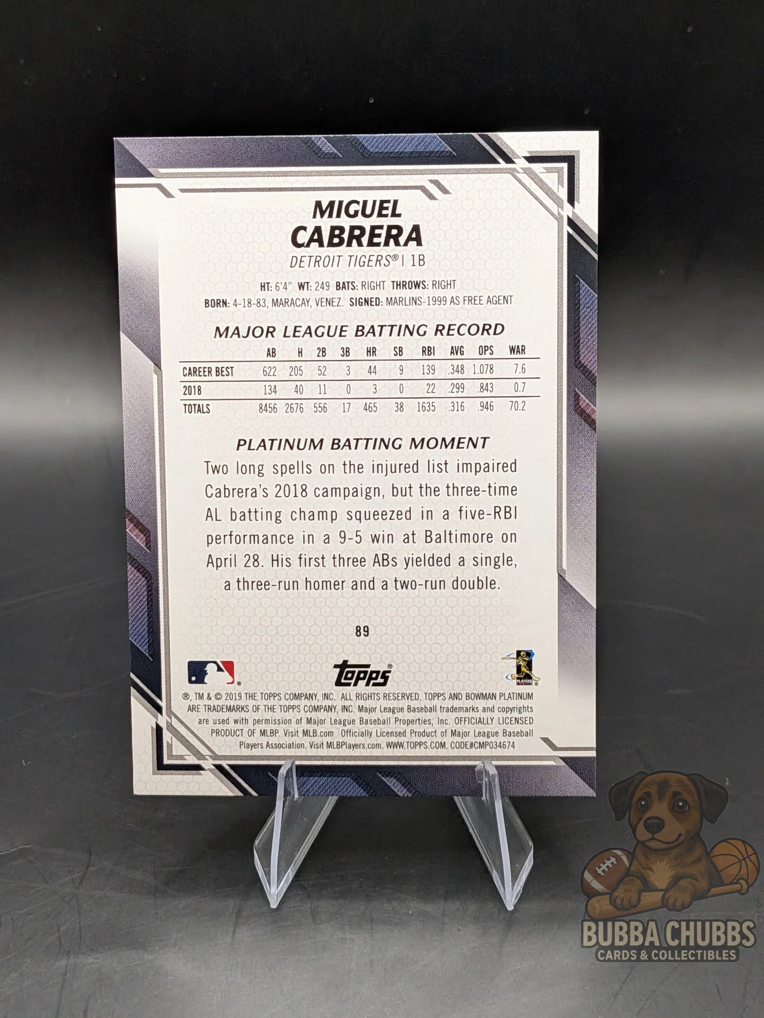 Baseball trading card of Miguel Cabrera bowman platinum holographic parallel numbered 86 of 99