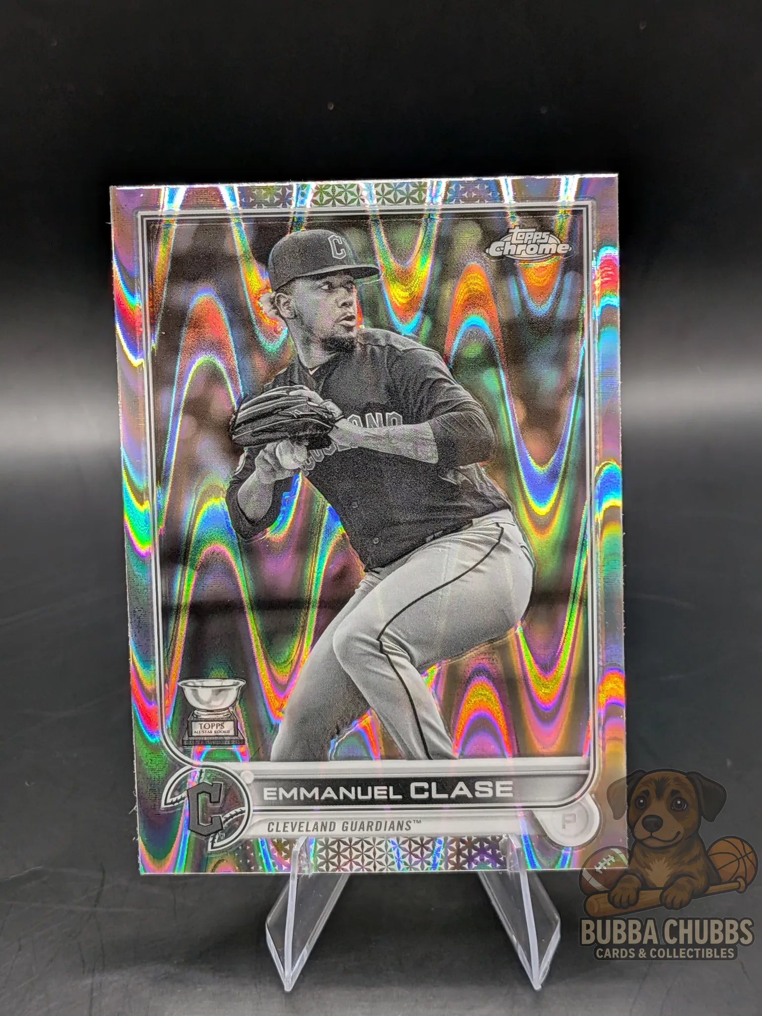 Baseball trading card of all star rookie Emmanuel Clase topps chrome black and white wave refractor parallel