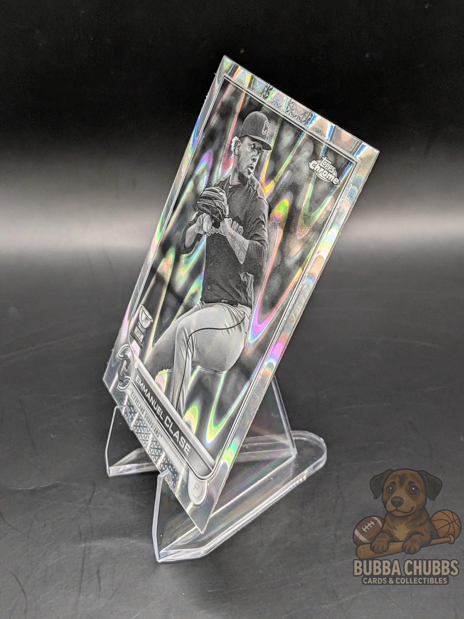 Baseball trading card of all star rookie Emmanuel Clase topps chrome black and white wave refractor parallel
