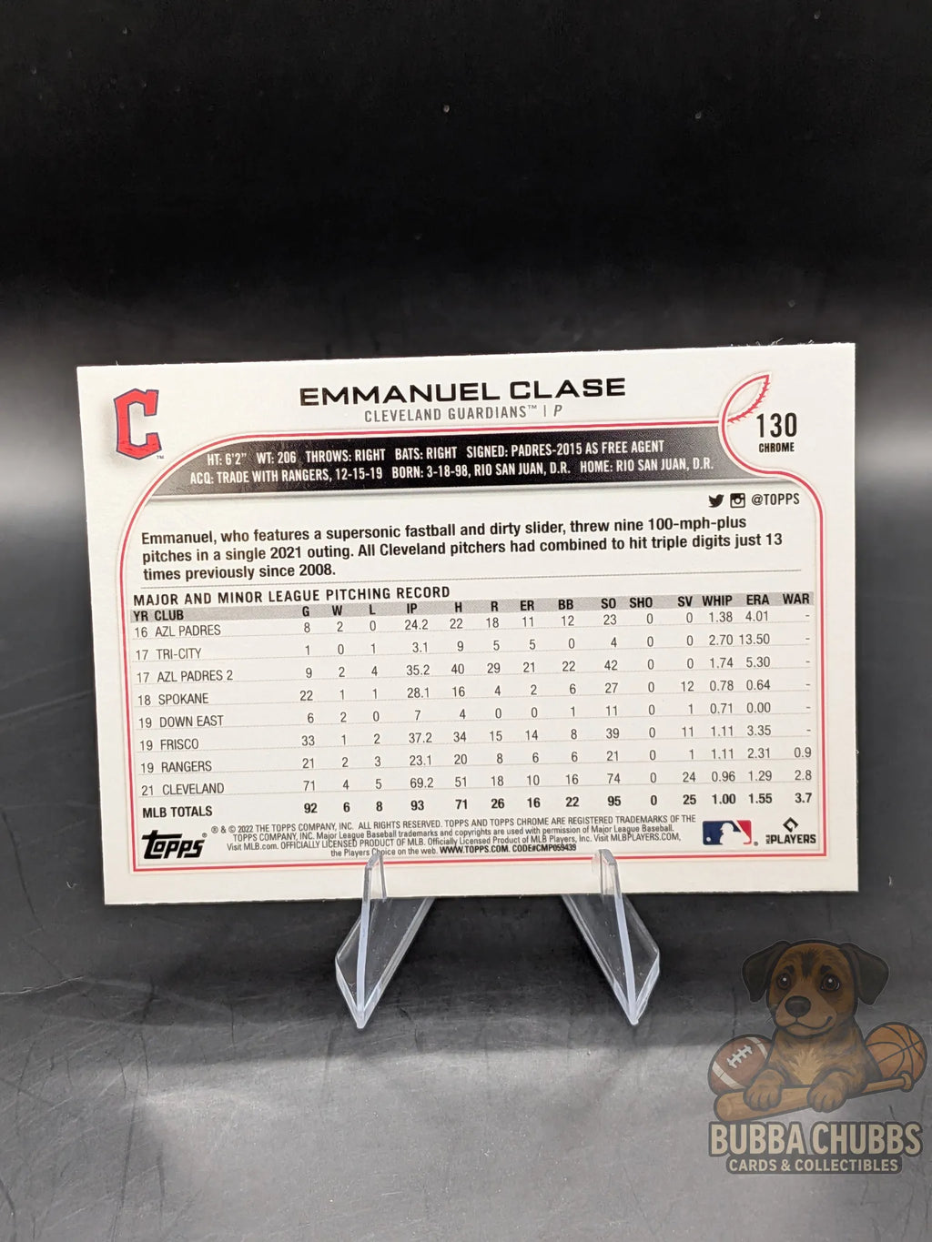 Baseball trading card of all star rookie Emmanuel Clase topps chrome black and white wave refractor parallel