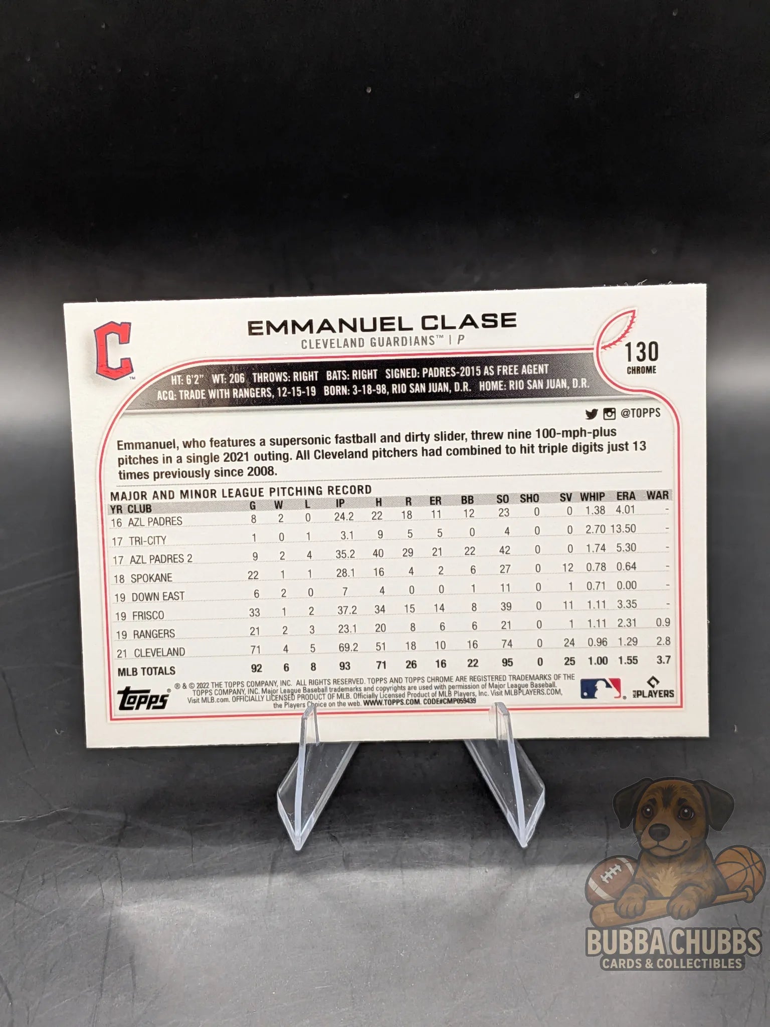 Baseball trading card of all star rookie Emmanuel Clase topps chrome black and white wave refractor parallel