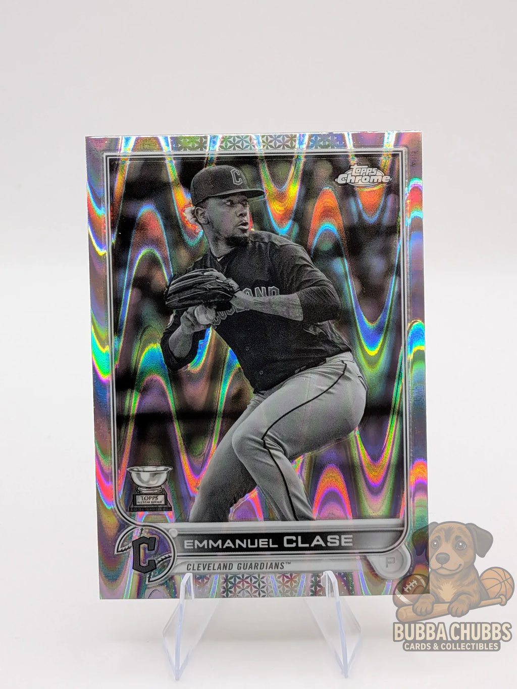 Baseball trading card of all star rookie Emmanuel Clase topps chrome black and white wave refractor parallel