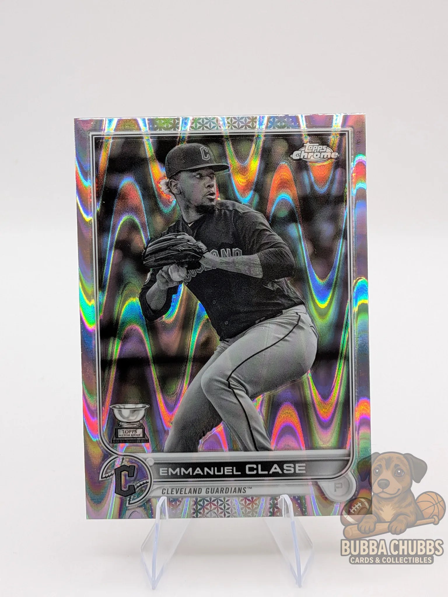 Baseball trading card of all star rookie Emmanuel Clase topps chrome black and white wave refractor parallel