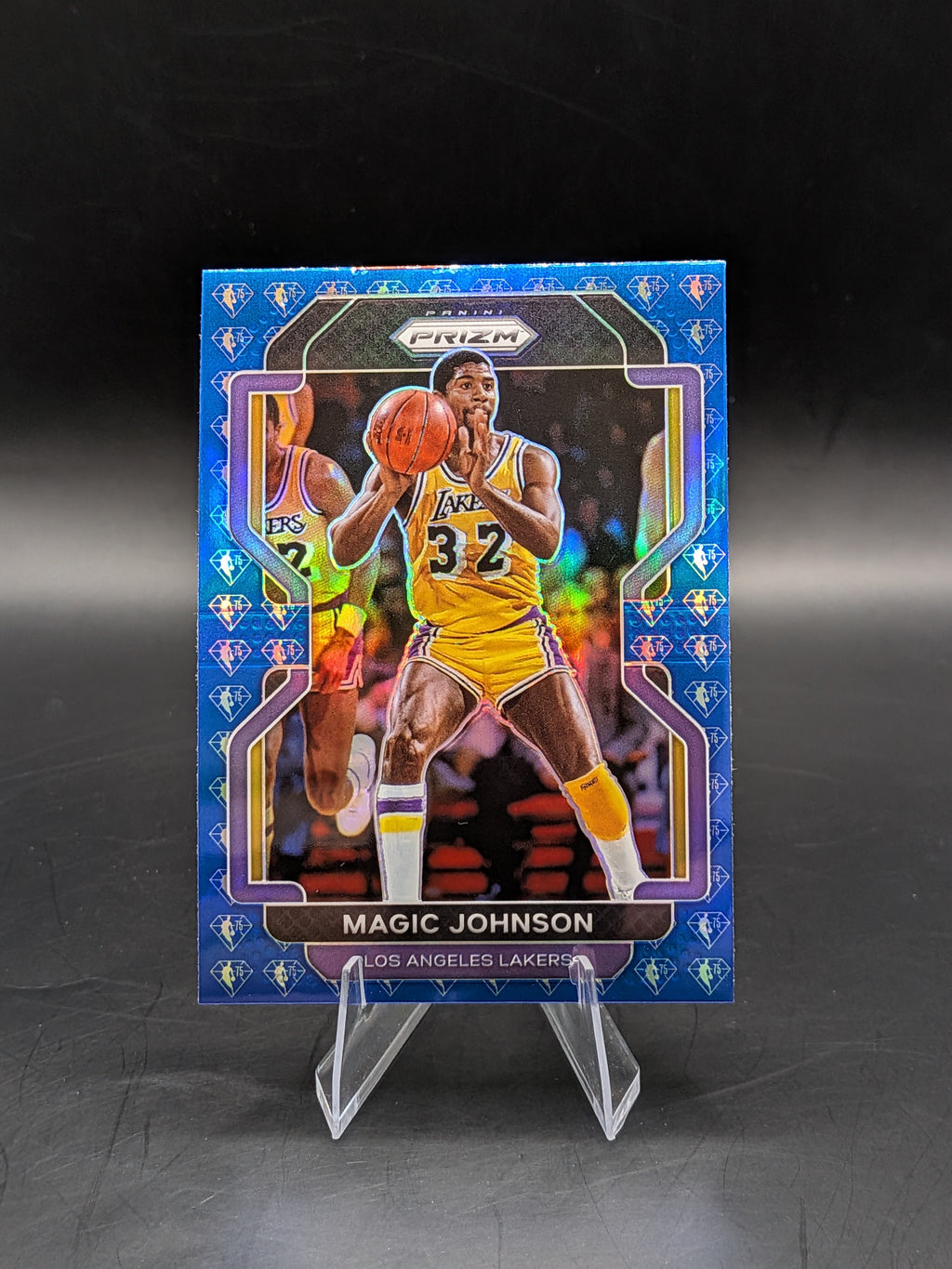 Basketball trading card of Magic Johnson LA Lakers panini prizm hall of fame 75th anniversary blue diamond parallel