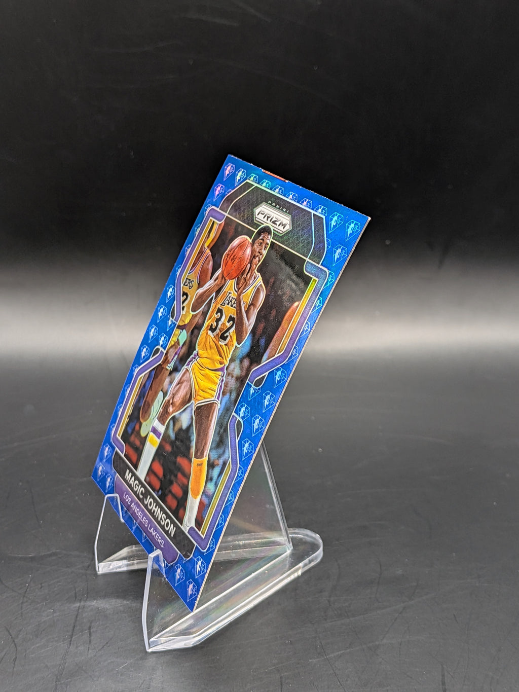 Basketball trading card of Magic Johnson LA Lakers panini prizm hall of fame 75th anniversary blue diamond parallel