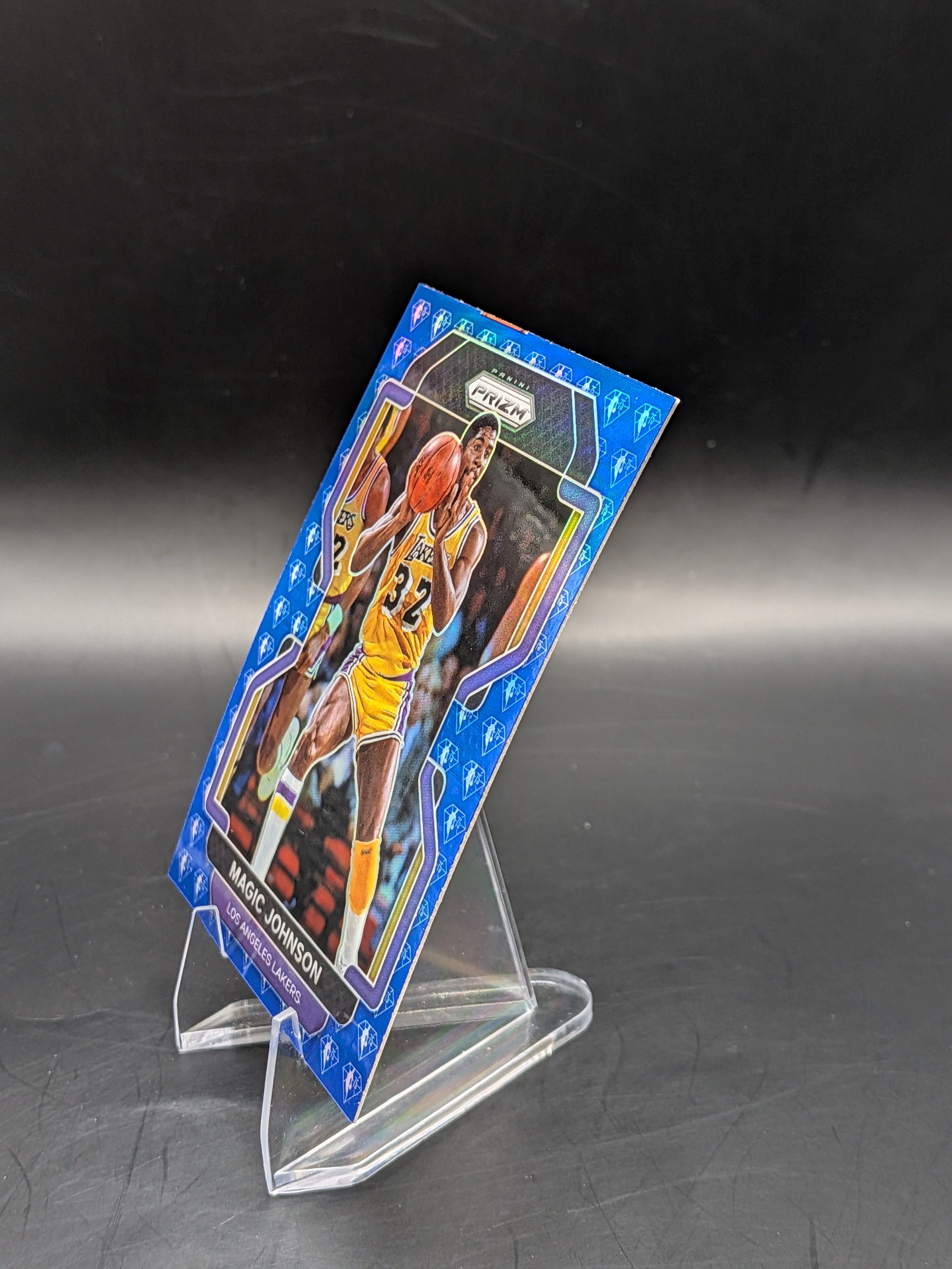 Basketball trading card of Magic Johnson LA Lakers panini prizm hall of fame 75th anniversary blue diamond parallel