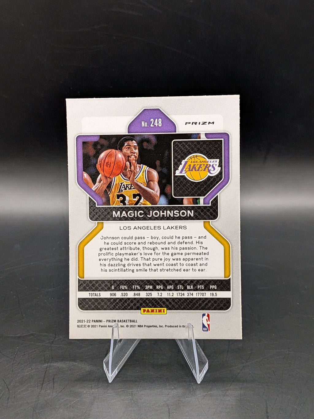 Basketball trading card of Magic Johnson LA Lakers panini prizm hall of fame 75th anniversary blue diamond parallel