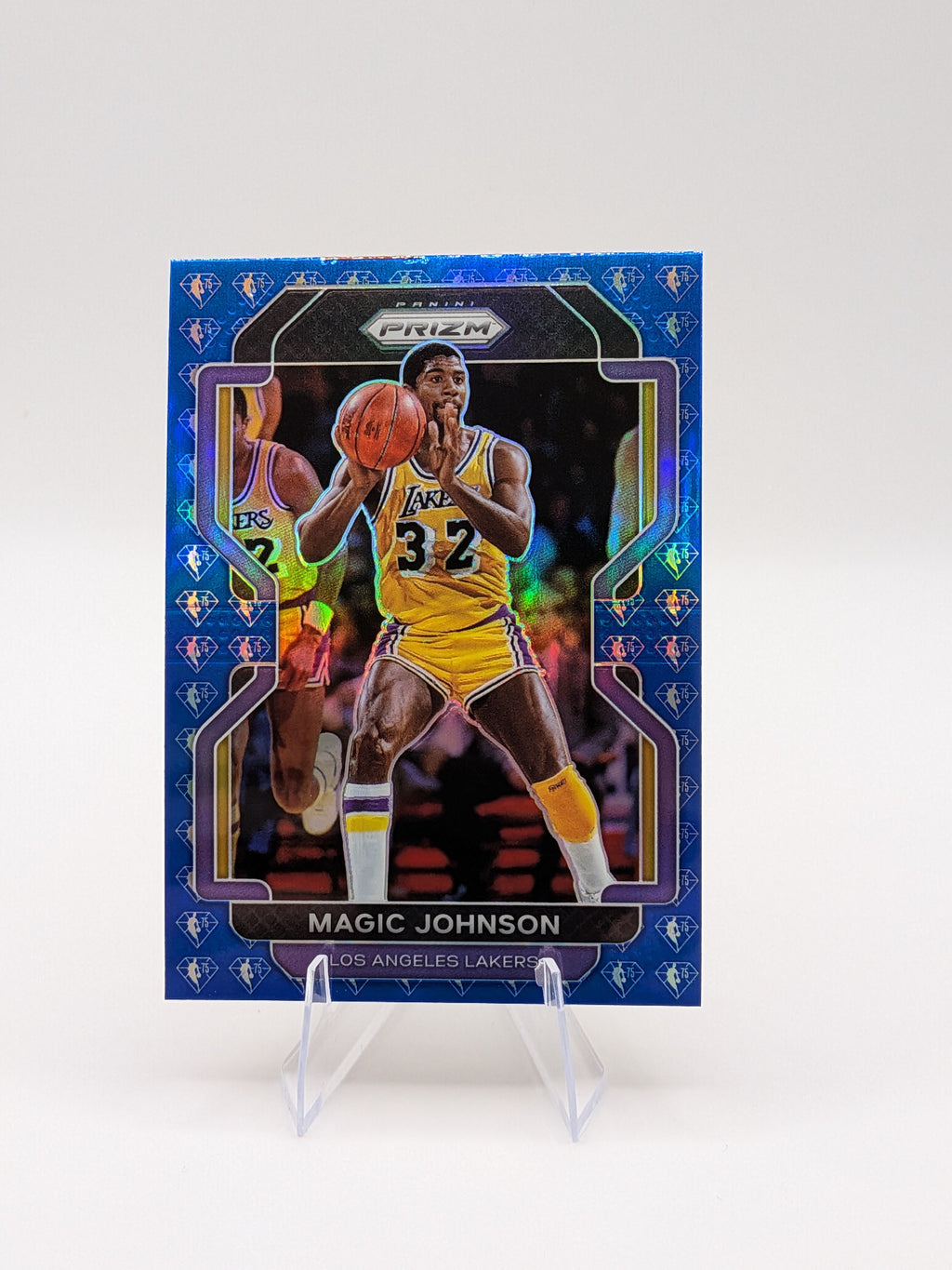 Basketball trading card of Magic Johnson LA Lakers panini prizm hall of fame 75th anniversary blue diamond parallel