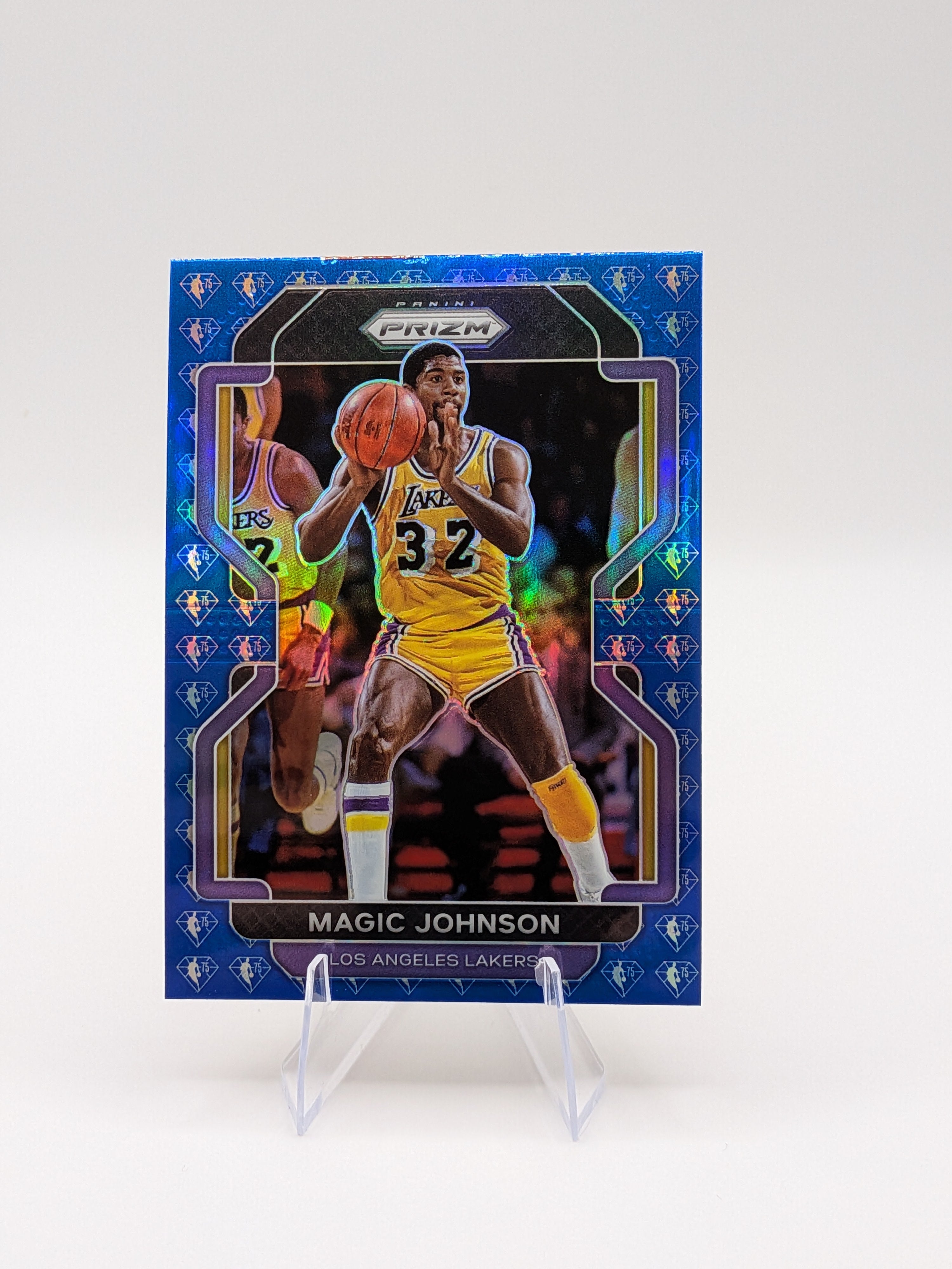 Basketball trading card of Magic Johnson LA Lakers panini prizm hall of fame 75th anniversary blue diamond parallel