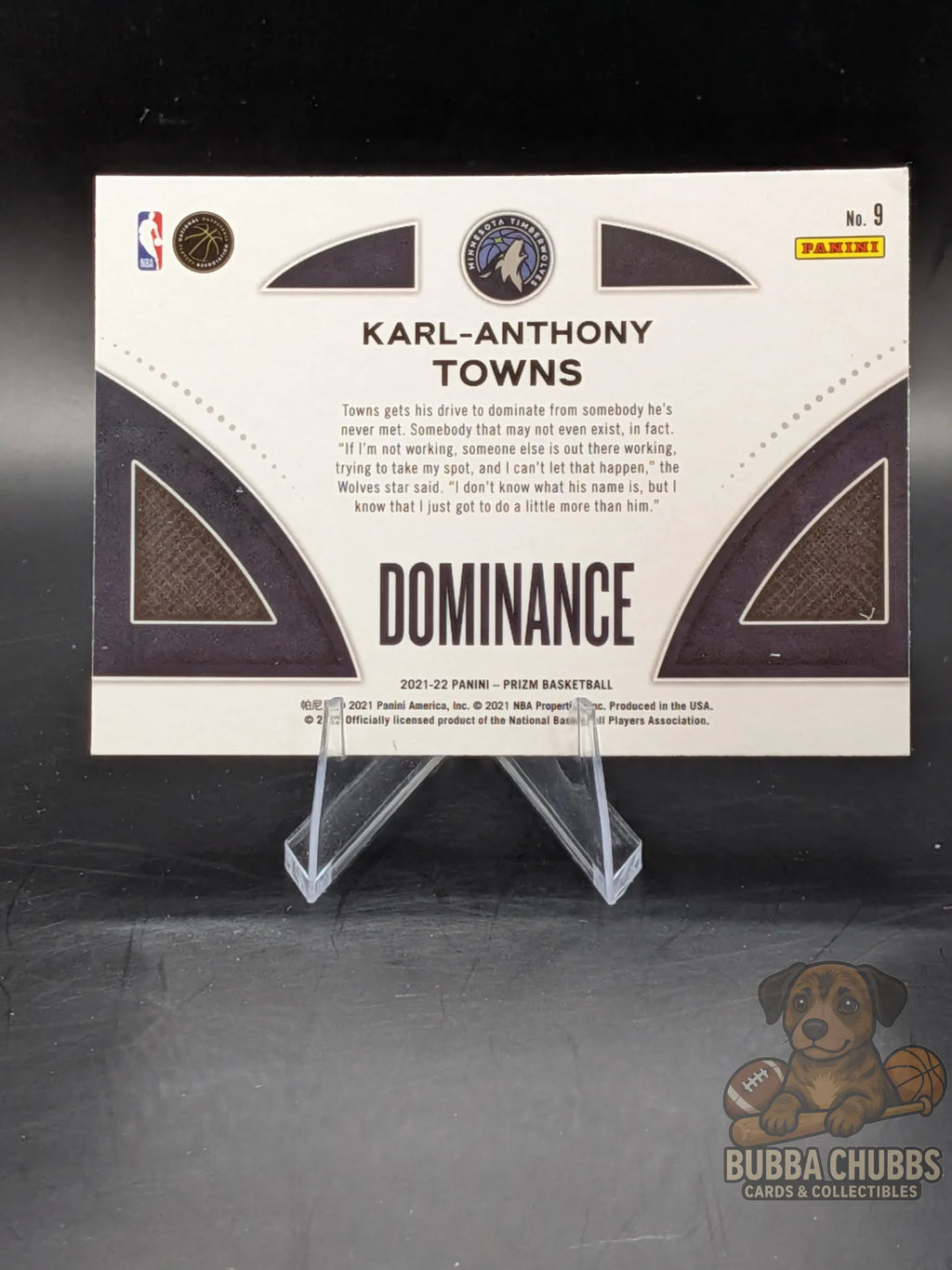 Basketball trading card featuring Karl-Anthony Towns panini prizm  Dominance insert 