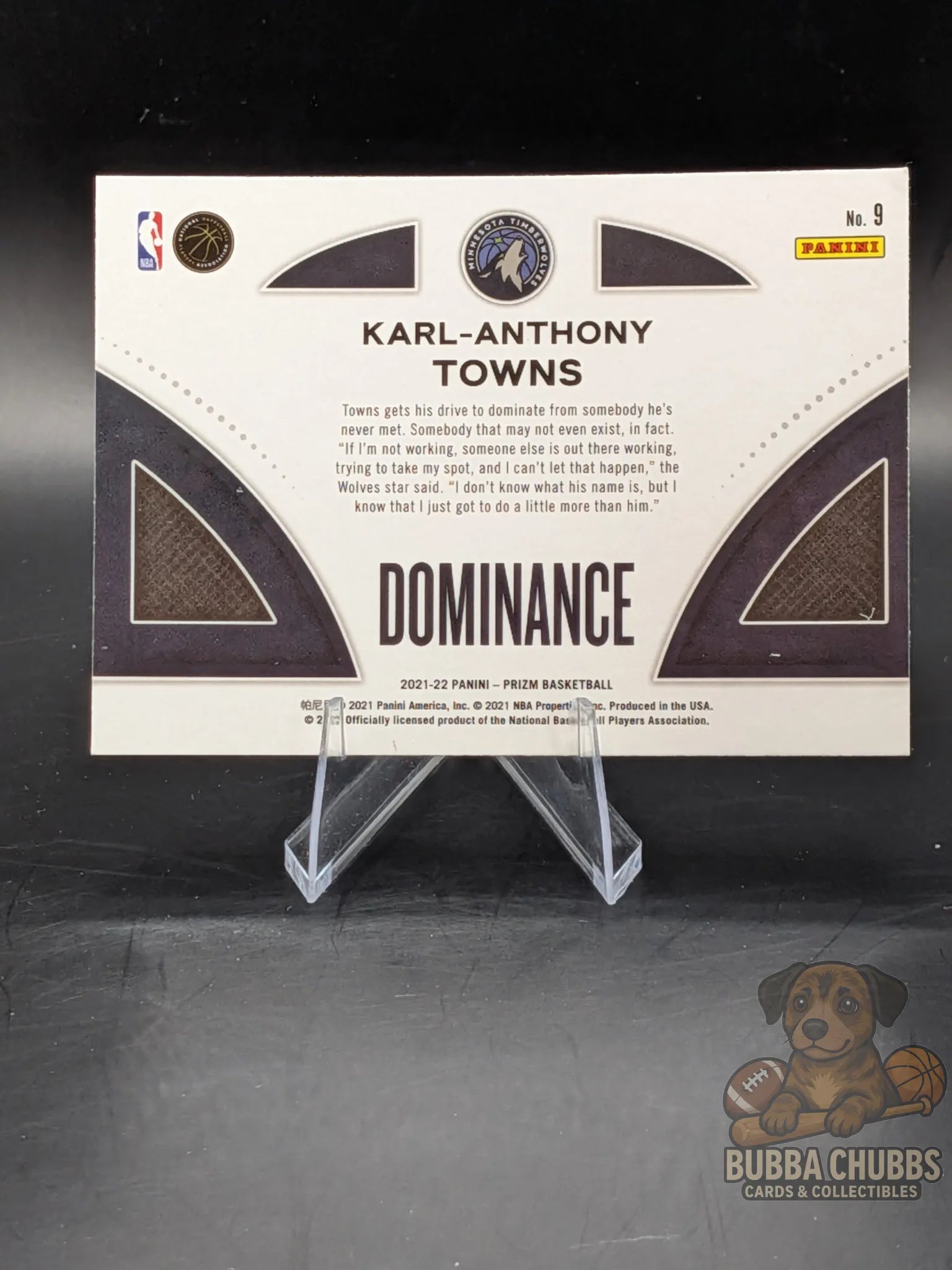Basketball trading card featuring Karl-Anthony Towns panini prizm  Dominance insert 
