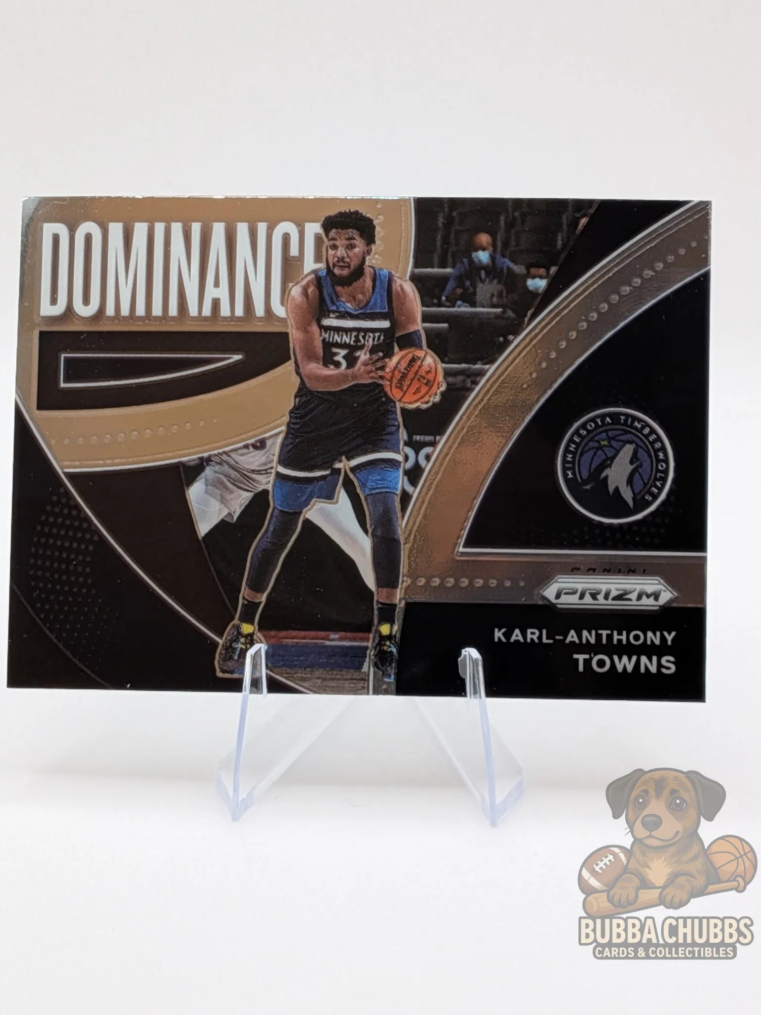 Basketball trading card featuring Karl-Anthony Towns panini prizm  Dominance insert 