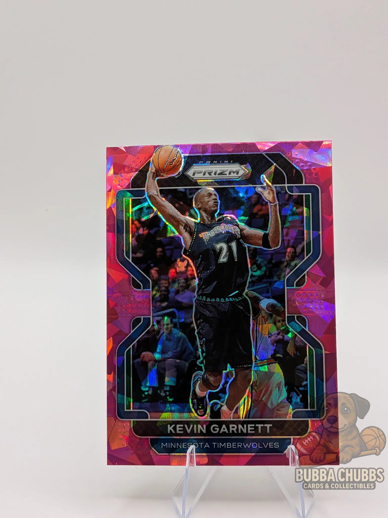 basketball trading card of Kevin Garnett of the Minnesota timberwolves panini prizm pink pulsar parallel