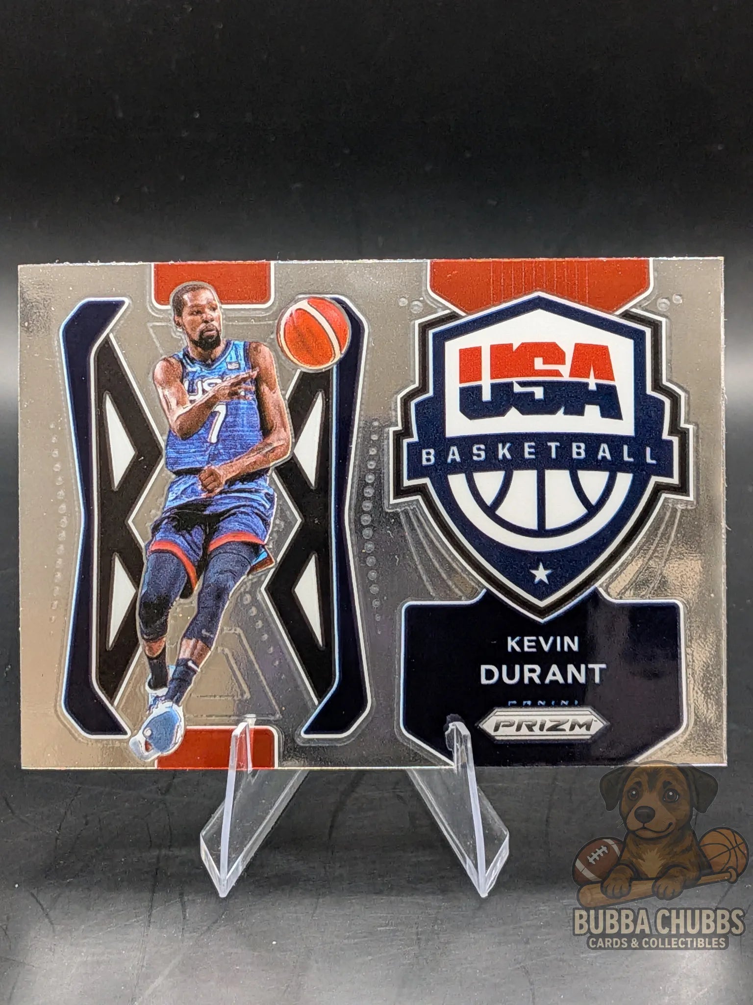 Basketball trading card of Kevin Durant with USA Basketball insert silver parallel panini prizm