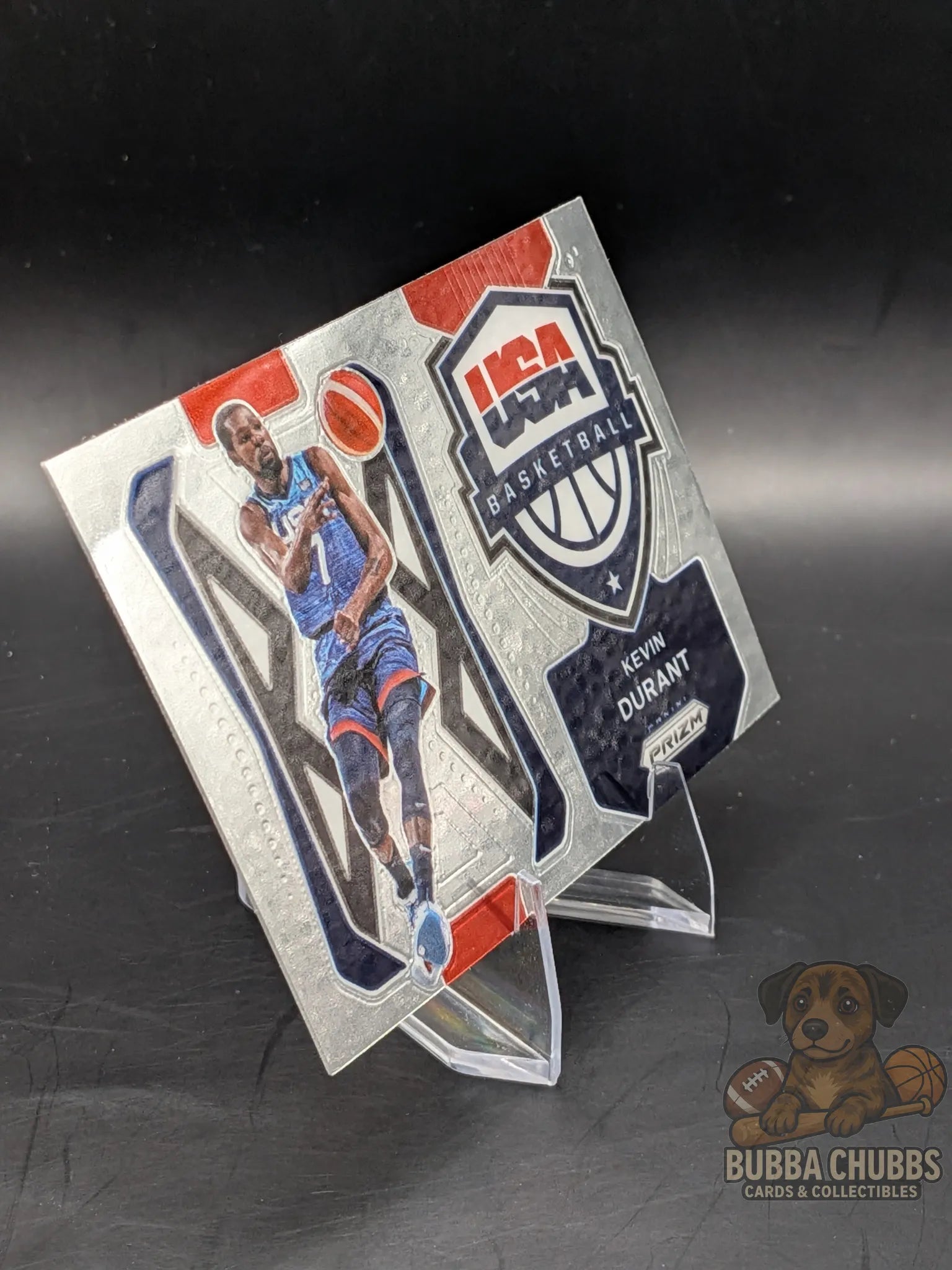 Basketball trading card of Kevin Durant with USA Basketball insert silver parallel panini prizm
